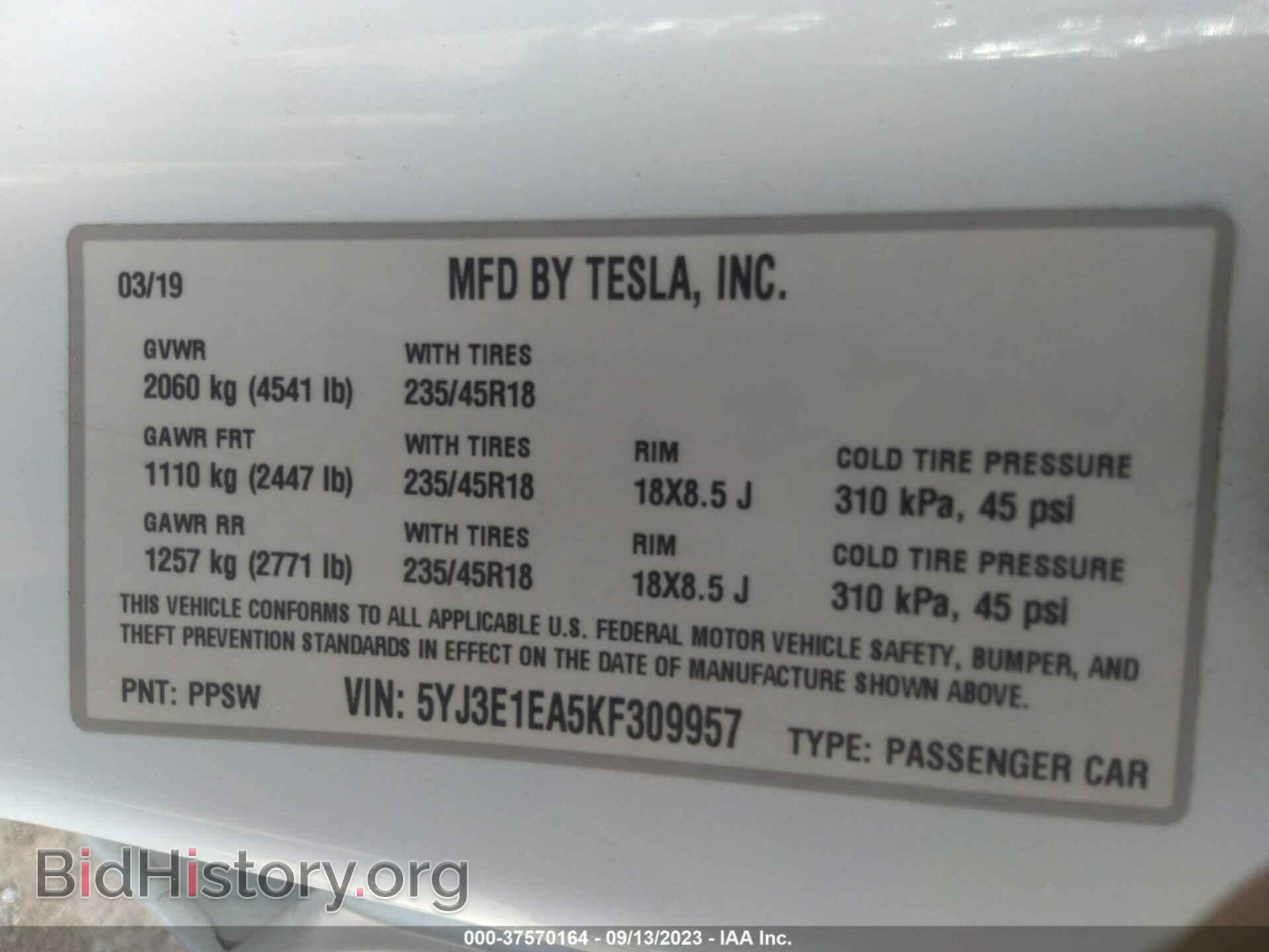 2019 TESLA MODEL 3 - VIN: 5YJ3E1EA5KF309957 - Фото 9