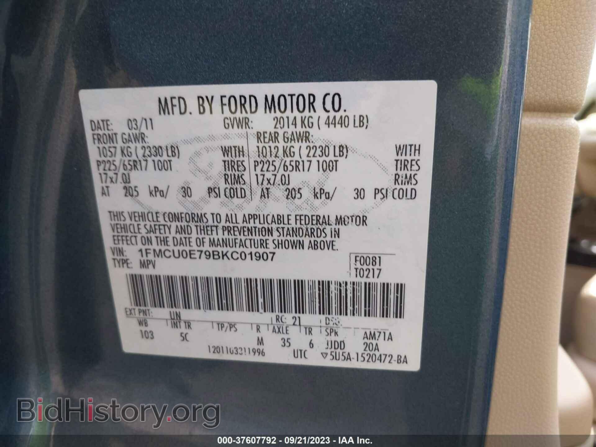 2011 FORD ESCAPE - VIN: 1FMCU0E79BKC01907 - Фото 9