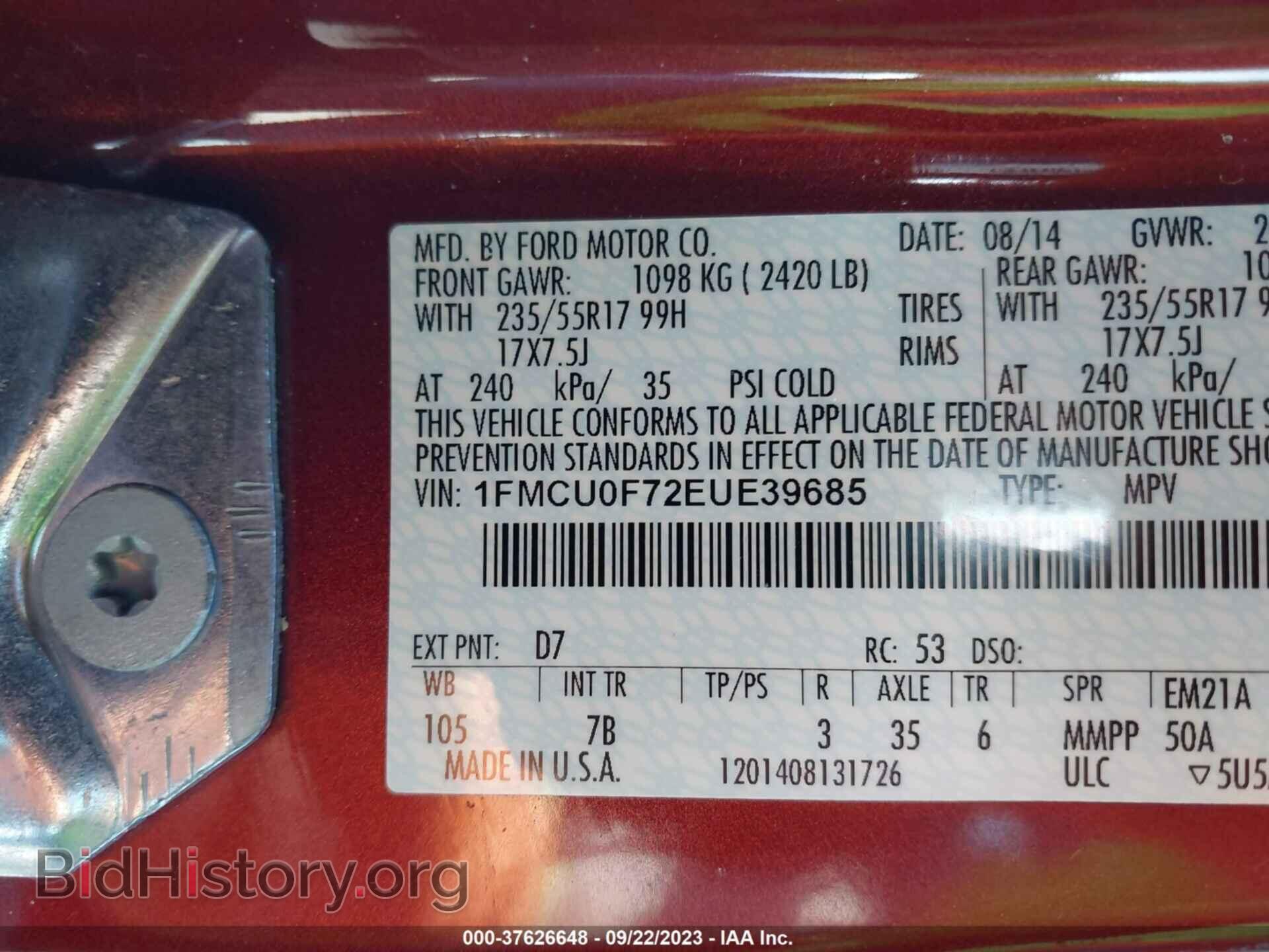 2014 FORD ESCAPE - VIN: 1FMCU0F72EUE39685 - Фото 9