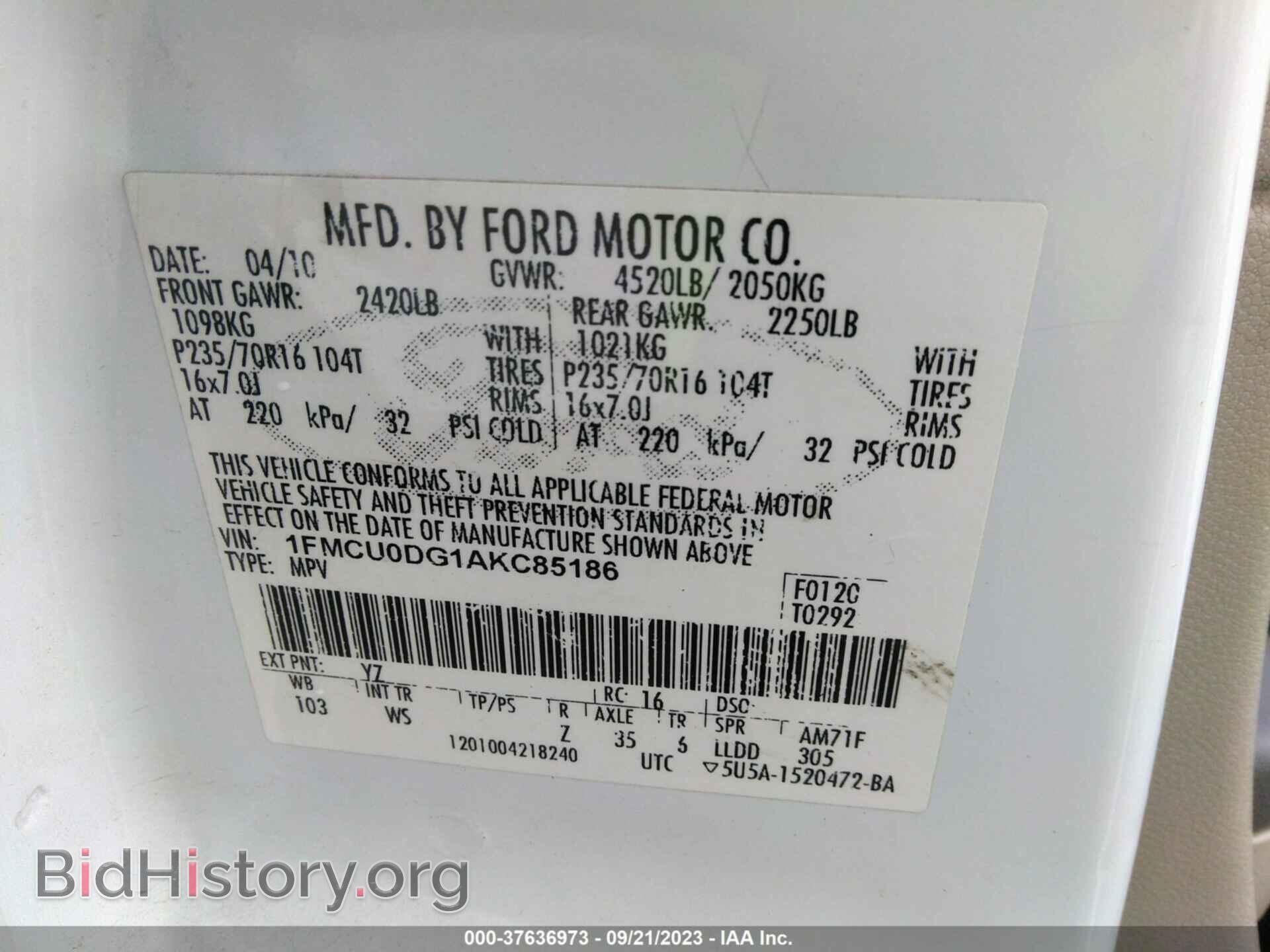 2010 FORD ESCAPE - VIN: 1FMCU0DG1AKC85186 - Фото 9