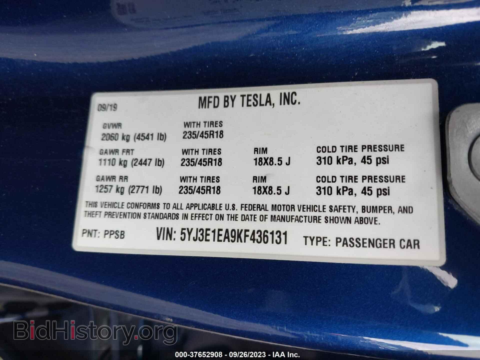 2019 TESLA MODEL 3 - VIN: 5YJ3E1EA9KF436131 - Фото 9