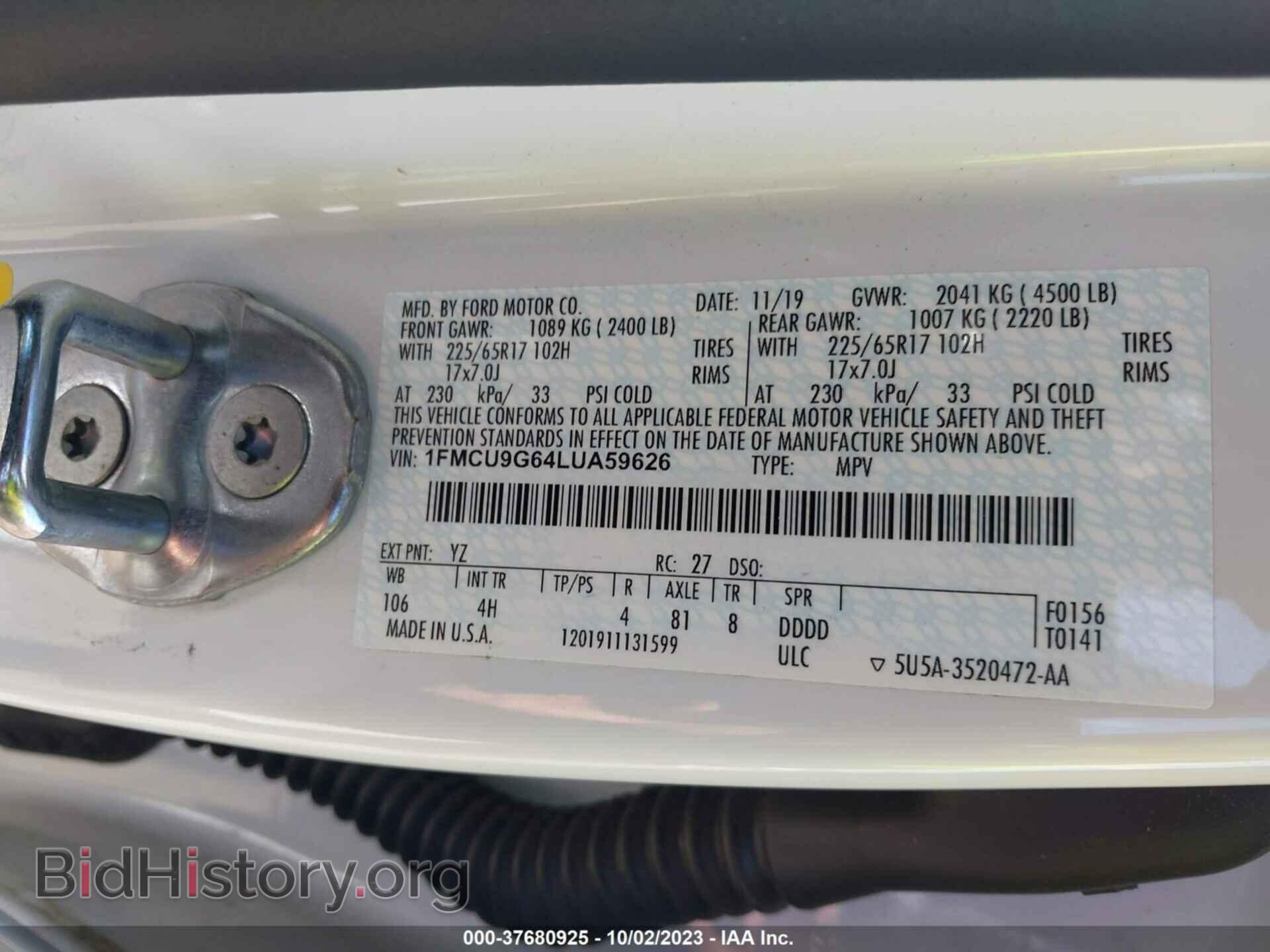 2020 FORD ESCAPE - VIN: 1FMCU9G64LUA59626 - Фото 9
