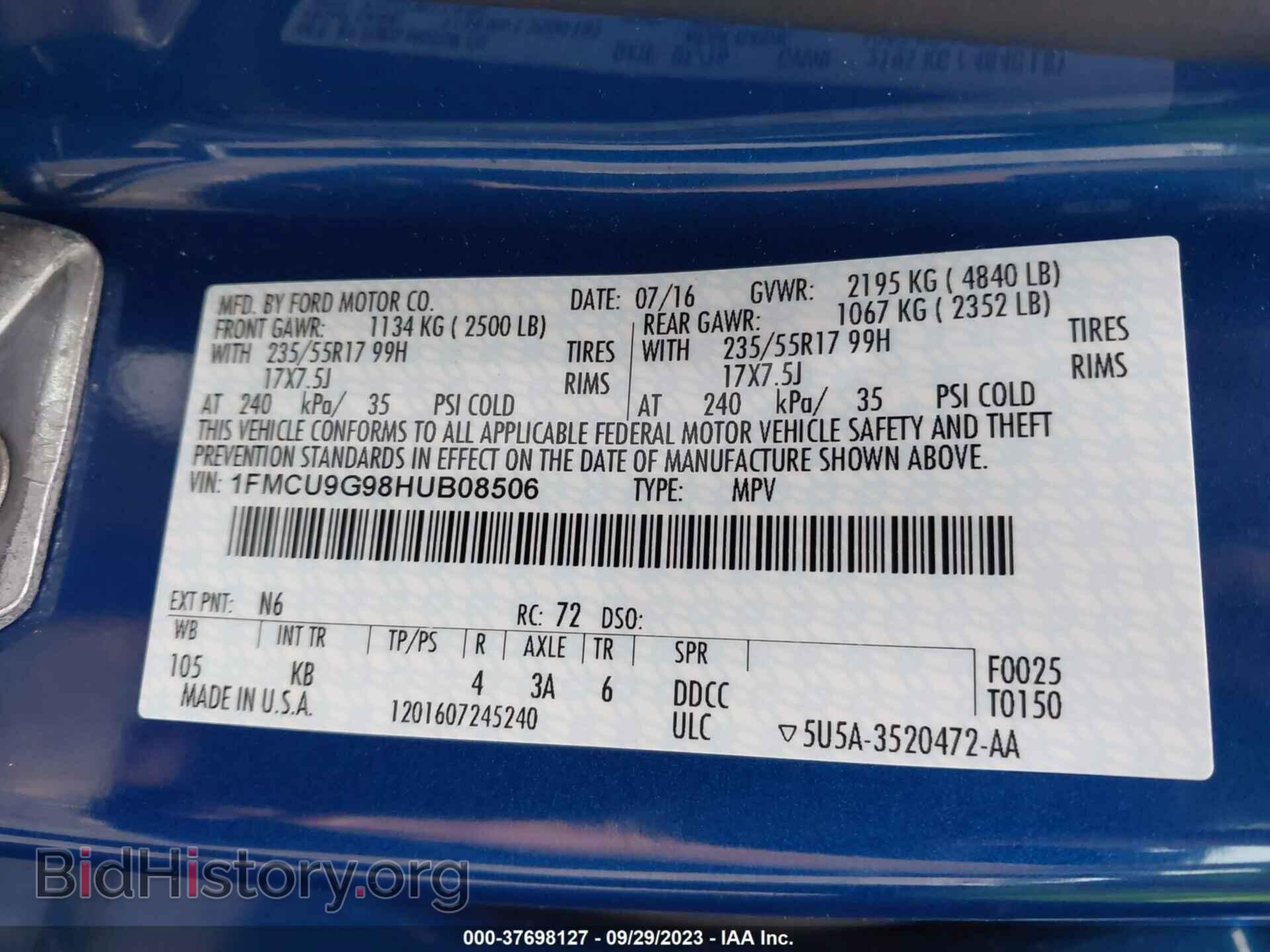 2017 FORD ESCAPE - VIN: 1FMCU9G98HUB08506 - Фото 9
