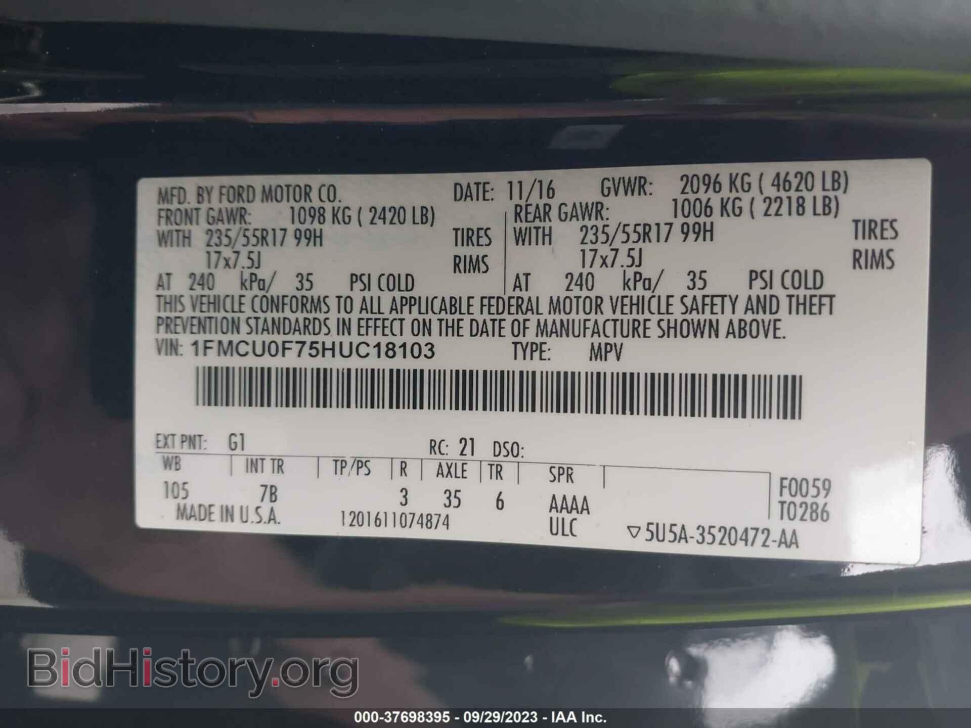 2017 FORD ESCAPE - VIN: 1FMCU0F75HUC18103 - Фото 9