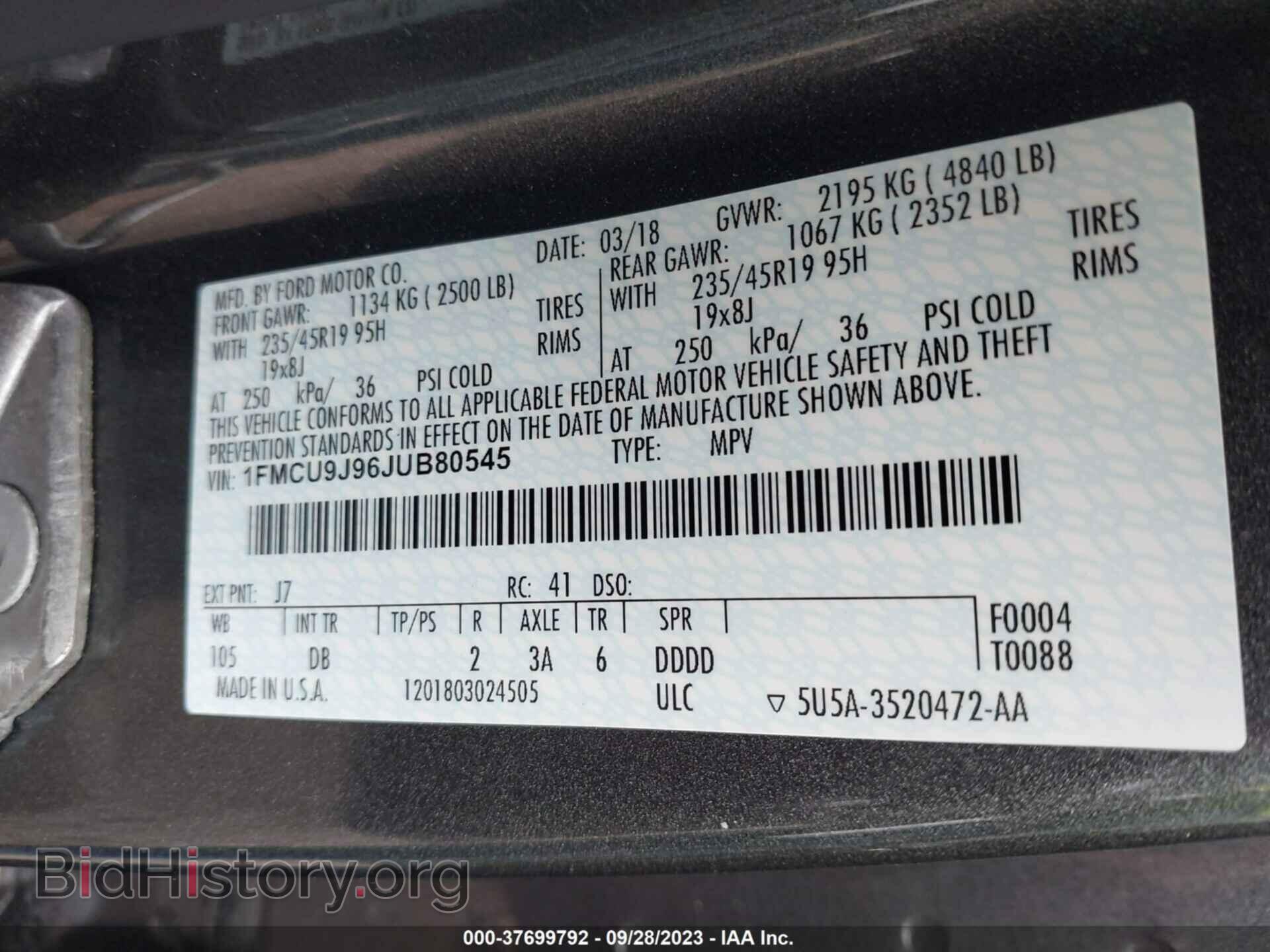 2018 FORD ESCAPE - VIN: 1FMCU9J96JUB80545 - Фото 9