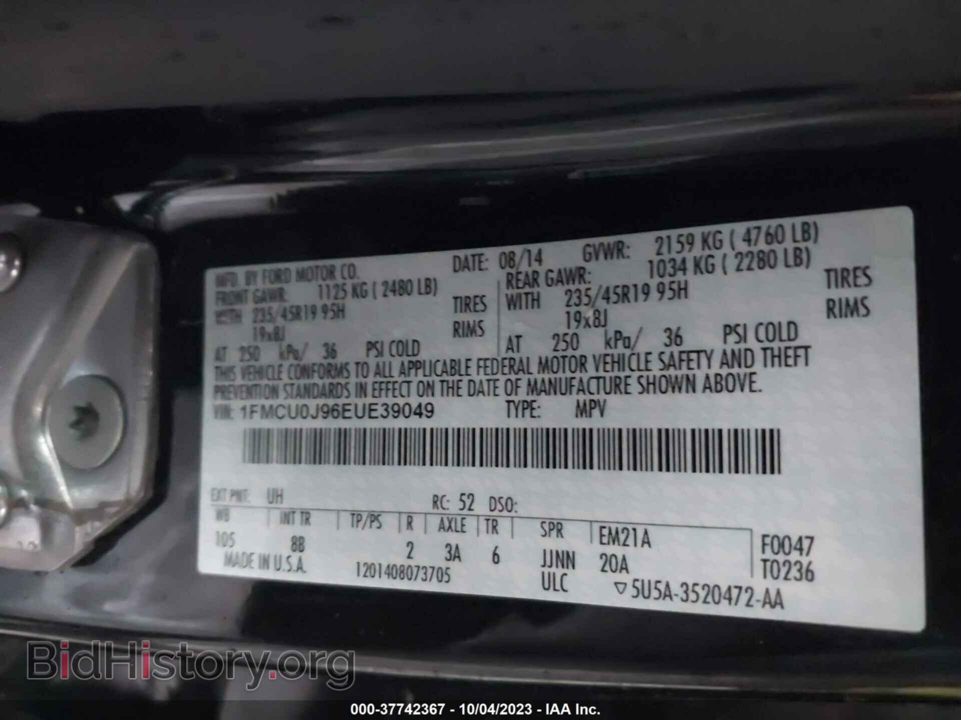 2014 FORD ESCAPE - VIN: 1FMCU0J96EUE39049 - Фото 9