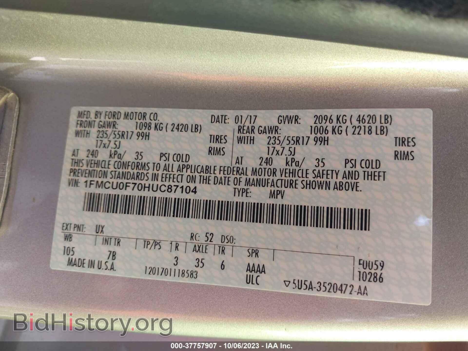 2017 FORD ESCAPE - VIN: 1FMCU0F70HUC87104 - Фото 9