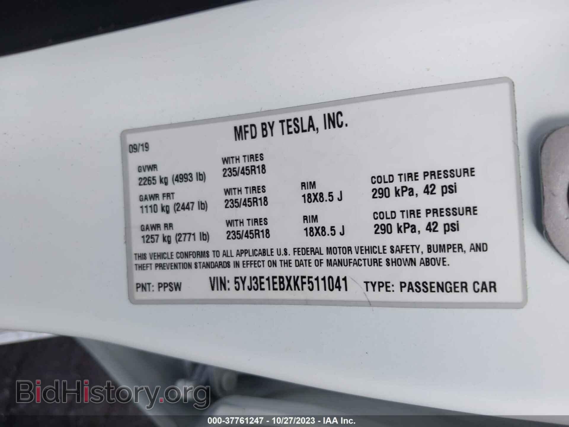 2019 TESLA MODEL 3 - VIN: 5YJ3E1EBXKF511041 - Фото 9