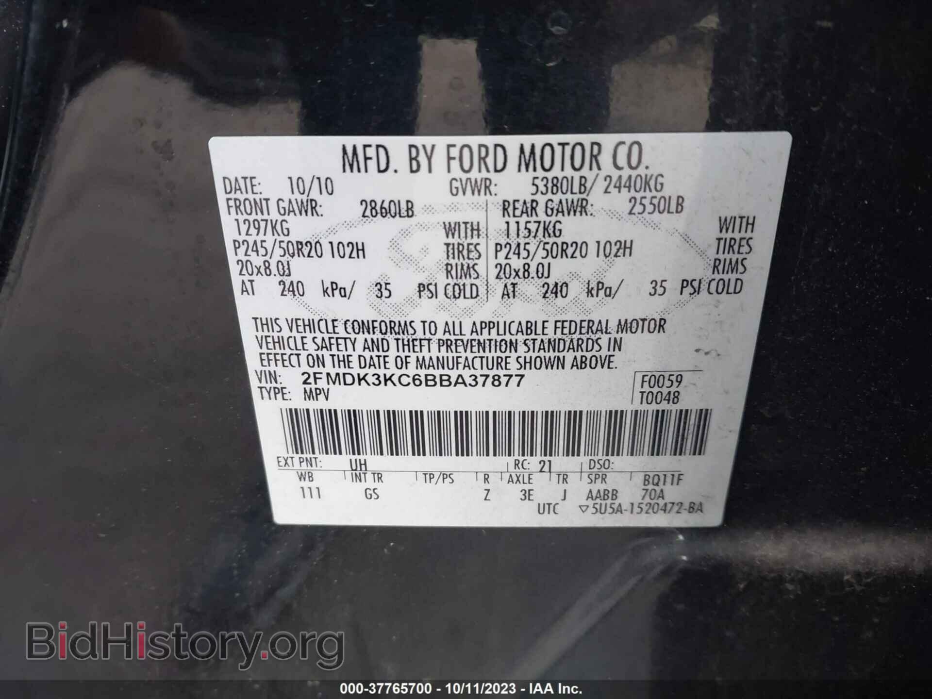 2011 FORD EDGE - VIN: 2FMDK3KC6BBA37877 - Фото 9