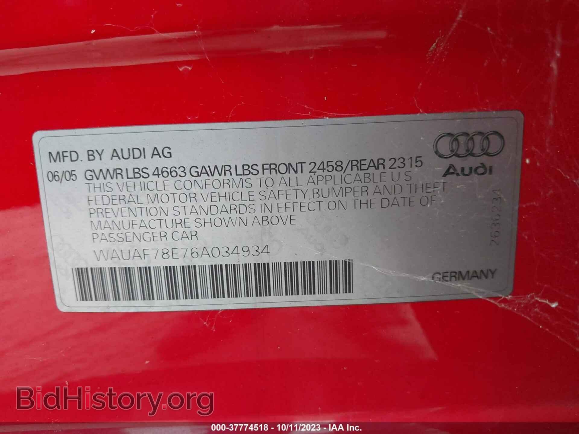 2006 AUDI A4 - VIN: WAUAF78E76A034934 - Фото 9