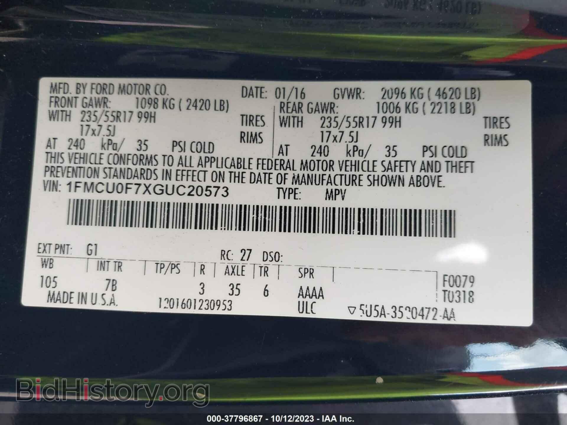 2016 FORD ESCAPE - VIN: 1FMCU0F7XGUC20573 - Photo 9