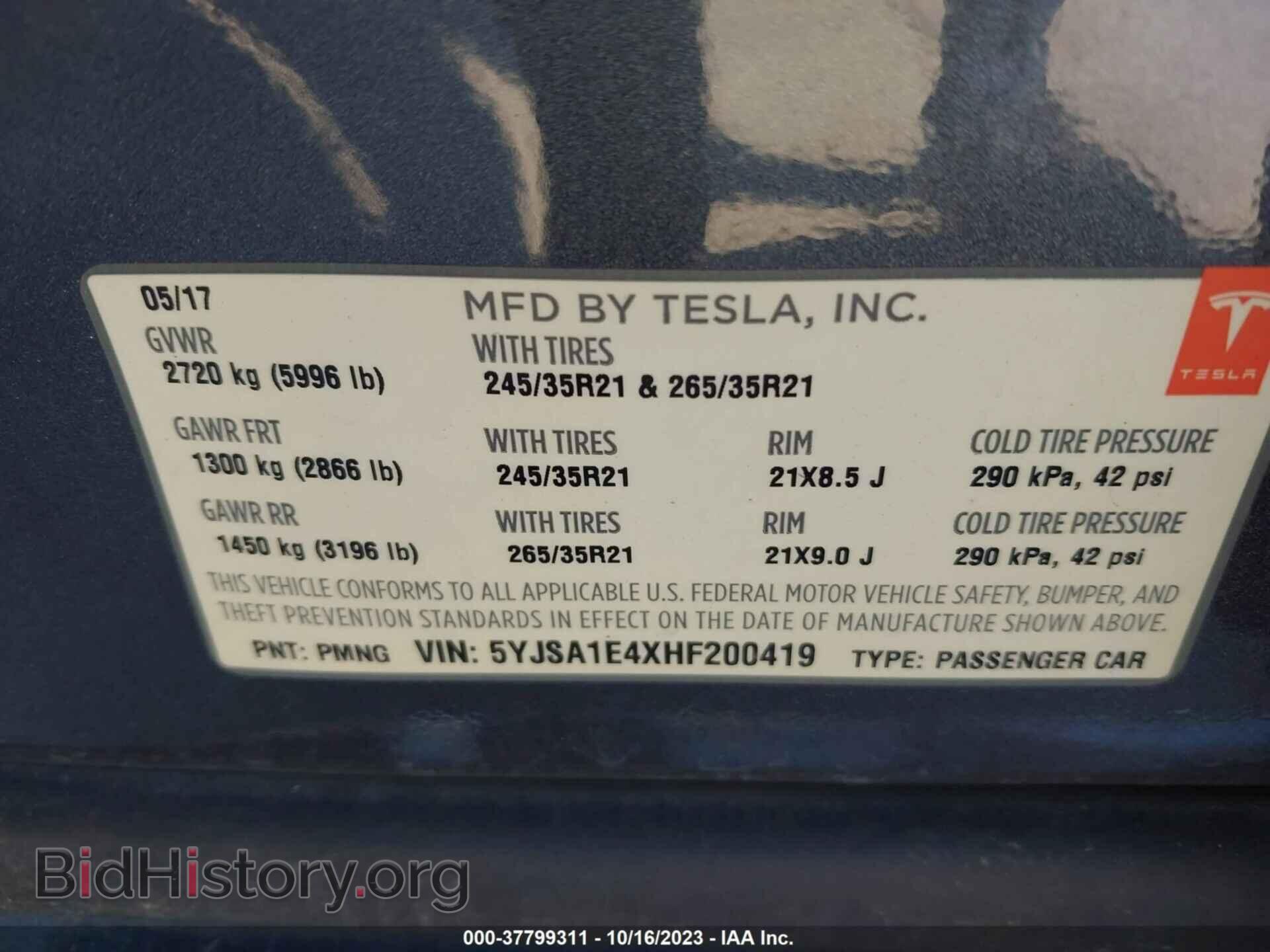 2017 TESLA MODEL S - VIN: 5YJSA1E4XHF200419 - Фото 9