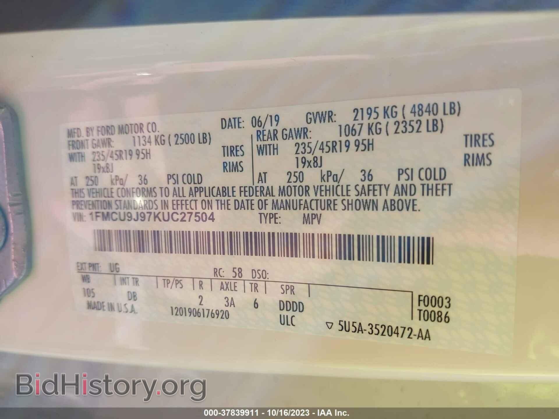 2019 FORD ESCAPE - VIN: 1FMCU9J97KUC27504 - Photo 9