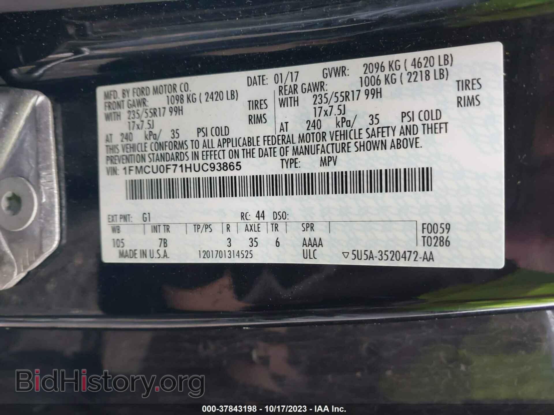 2017 FORD ESCAPE - VIN: 1FMCU0F71HUC93865 - Фото 9