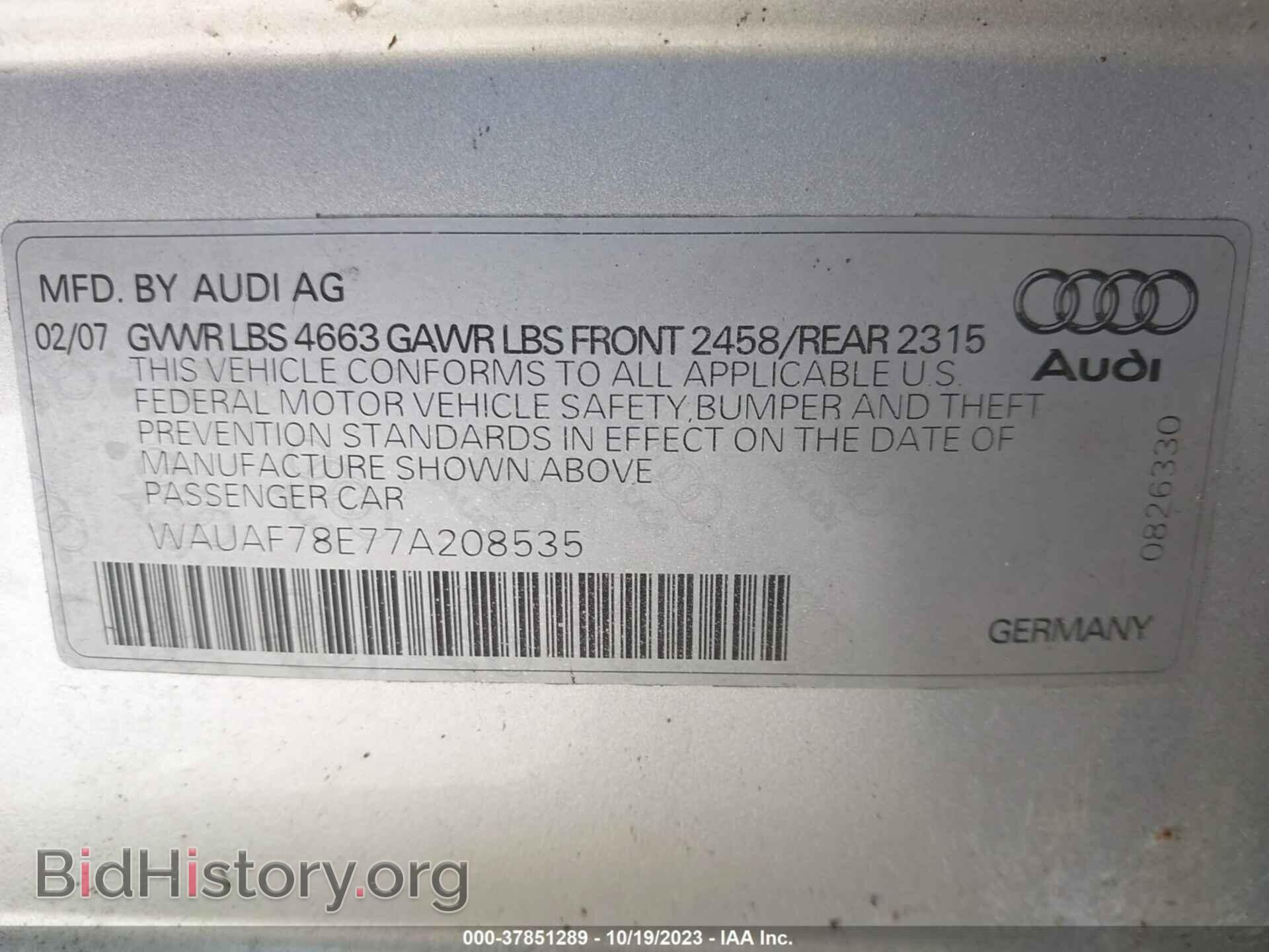 2007 AUDI A4 - VIN: WAUAF78E77A208535 - Фото 9