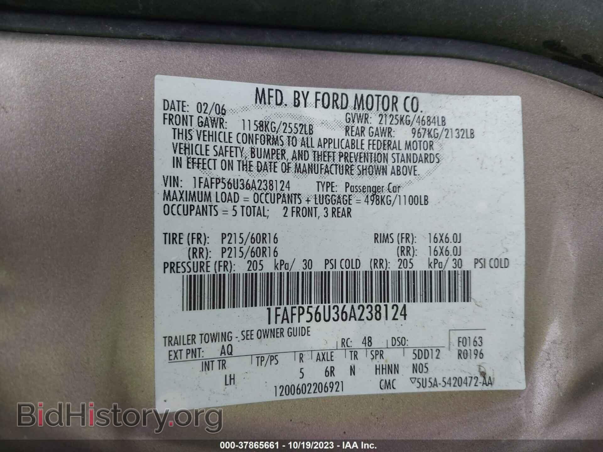 2006 FORD TAURUS - VIN: 1FAFP56U36A238124 - Фото 9