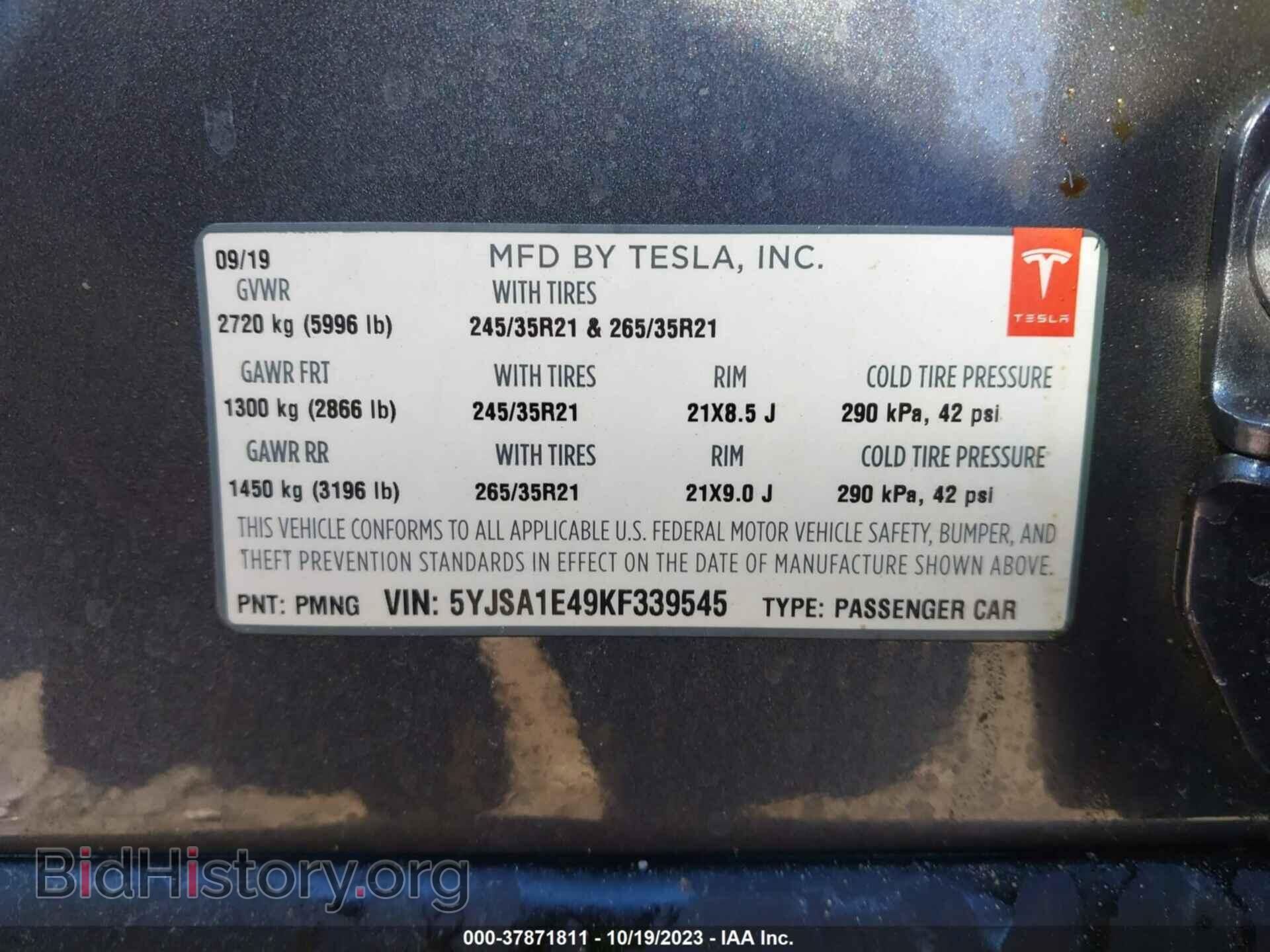 2019 TESLA MODEL S - VIN: 5YJSA1E49KF339545 - Фото 9