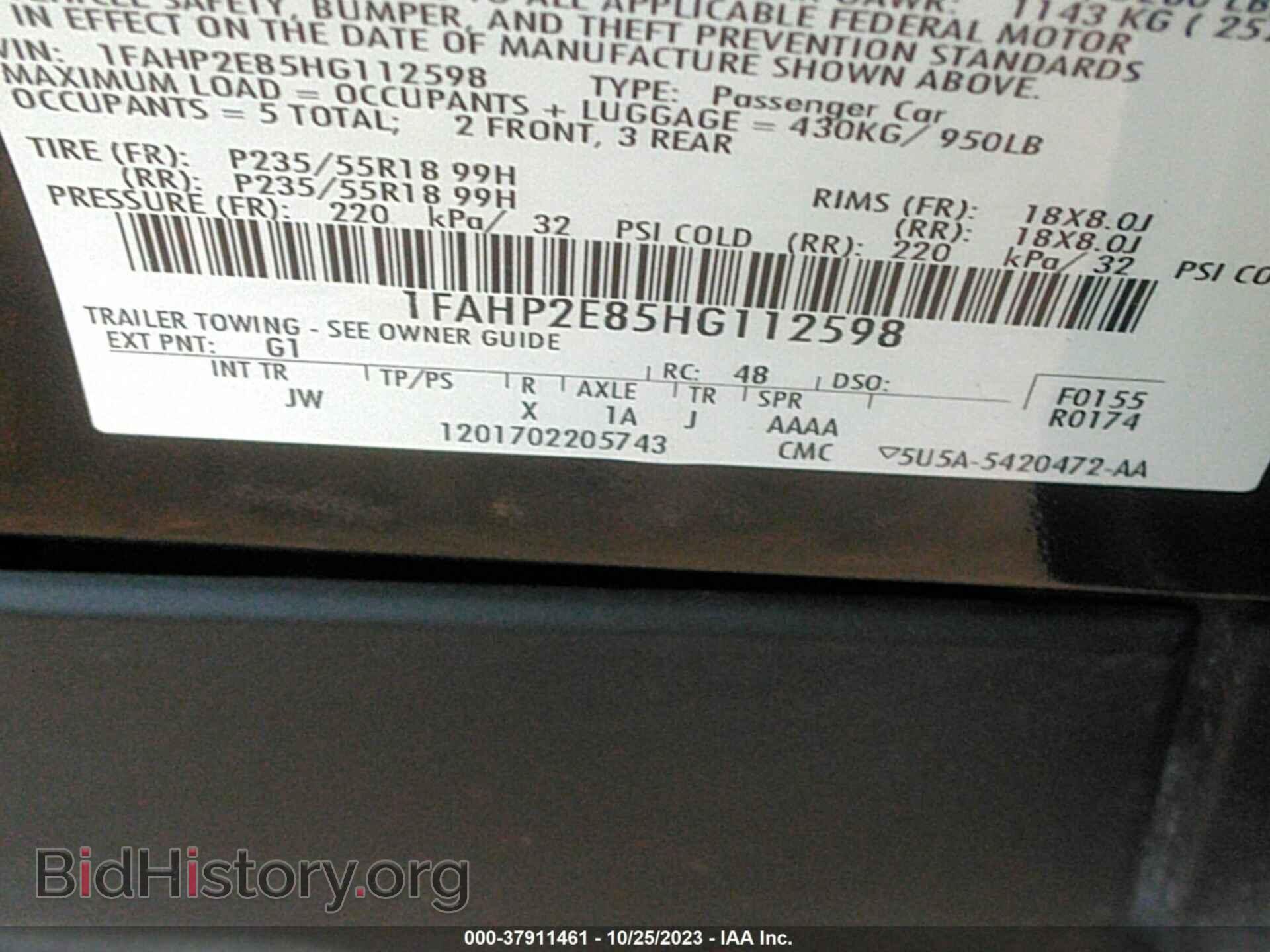 2017 FORD TAURUS - VIN: 1FAHP2E85HG112598 - Фото 9