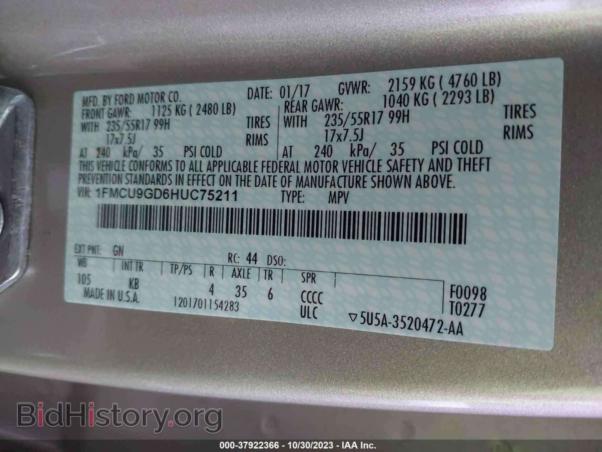 2017 FORD ESCAPE - VIN: 1FMCU9GD6HUC75211 - Photo 9