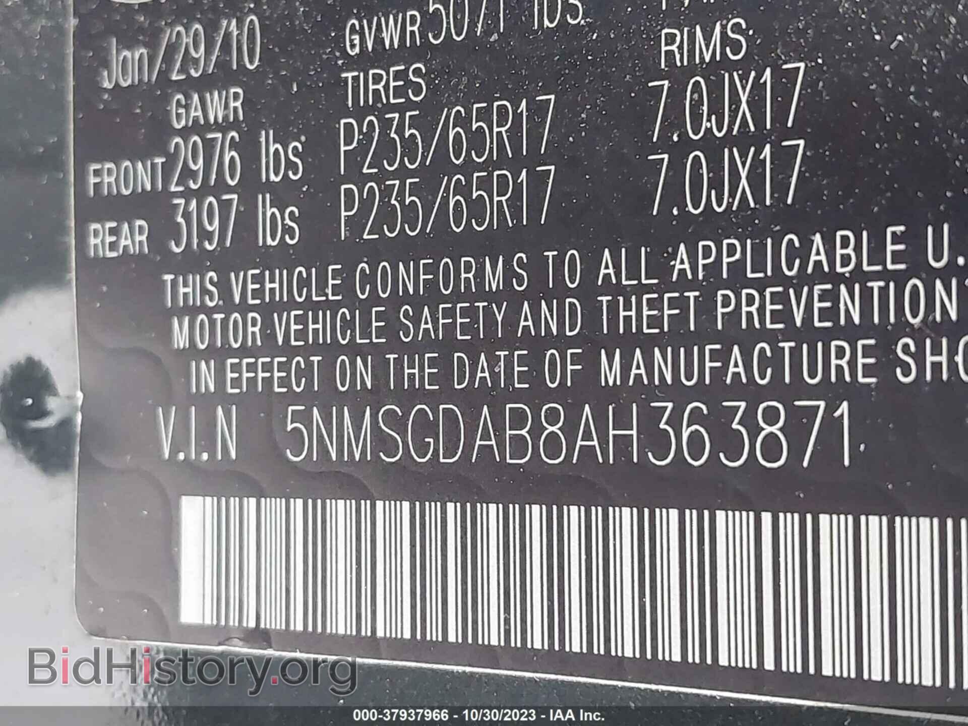 2010 HYUNDAI SANTA FE - VIN: 5NMSGDAB8AH363871 - Фото 9