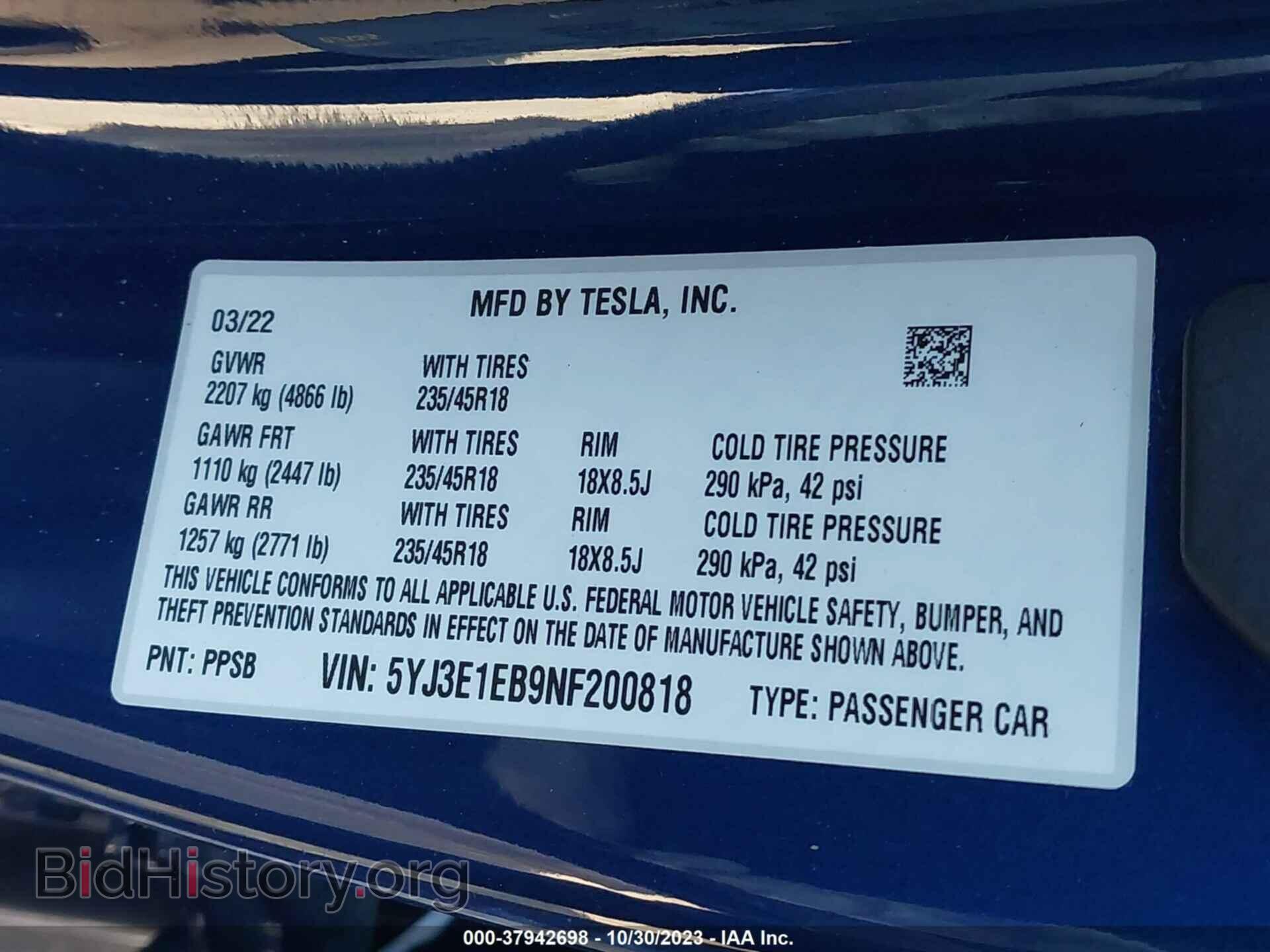 2022 TESLA MODEL 3 - VIN: 5YJ3E1EB9NF200818 - Фото 9