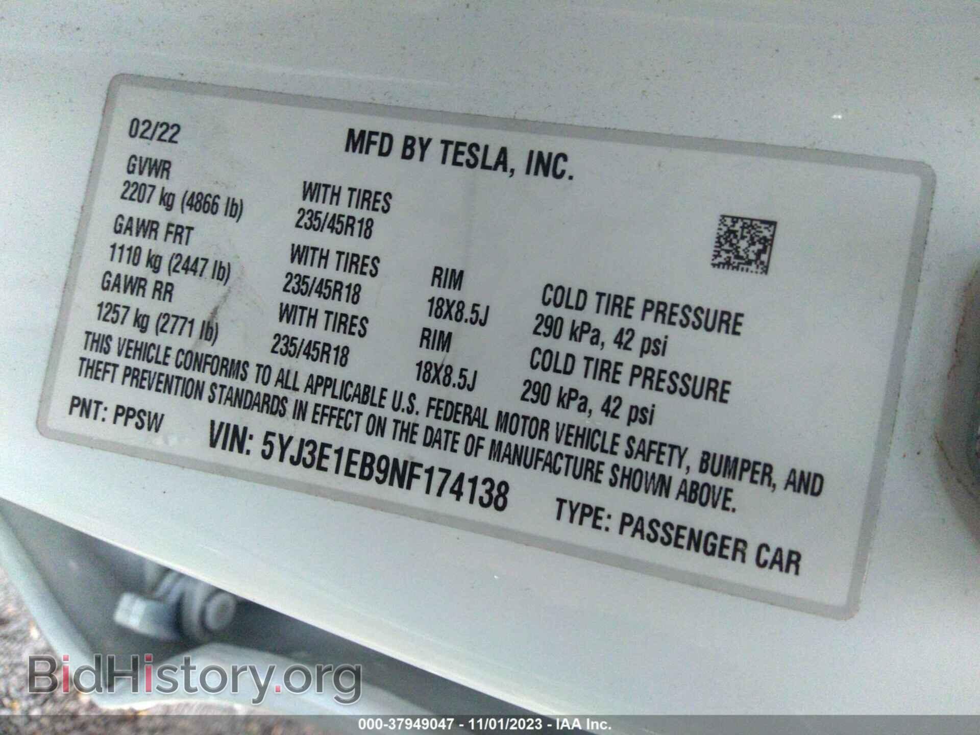 2022 TESLA MODEL 3 - VIN: 5YJ3E1EB9NF174138 - Фото 9