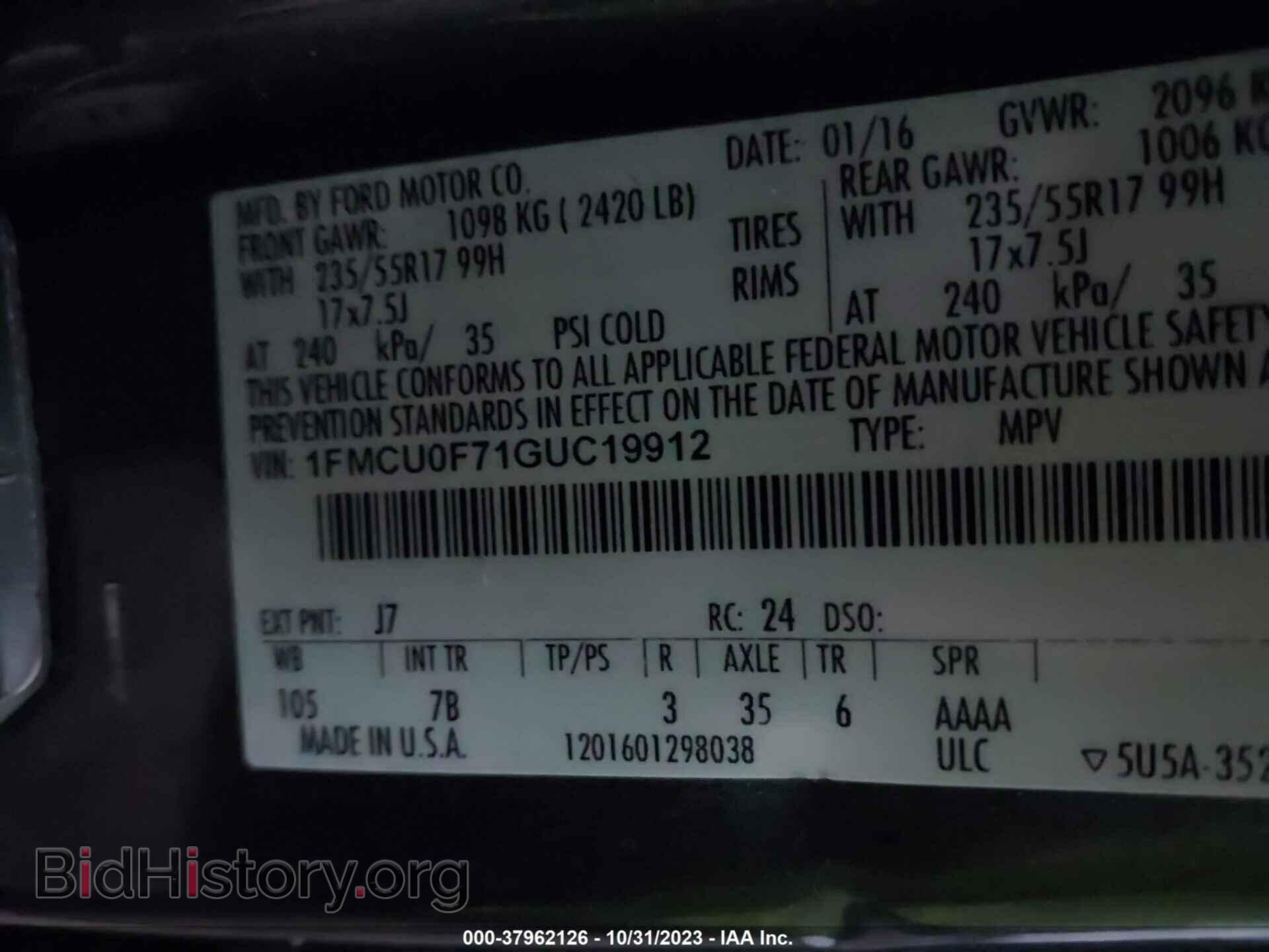 2016 FORD ESCAPE - VIN: 1FMCU0F71GUC19912 - Photo 9
