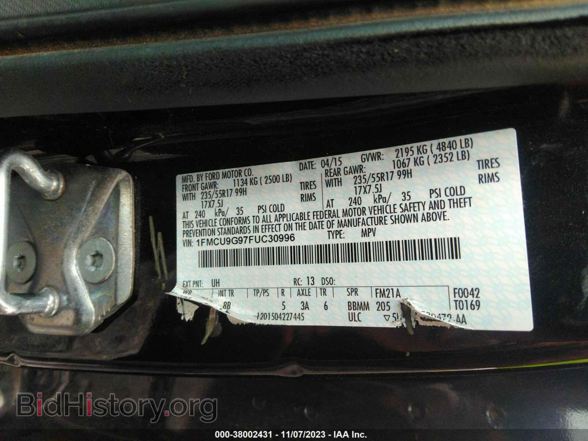 2015 FORD ESCAPE - VIN: 1FMCU9G97FUC30996 - Фото 9