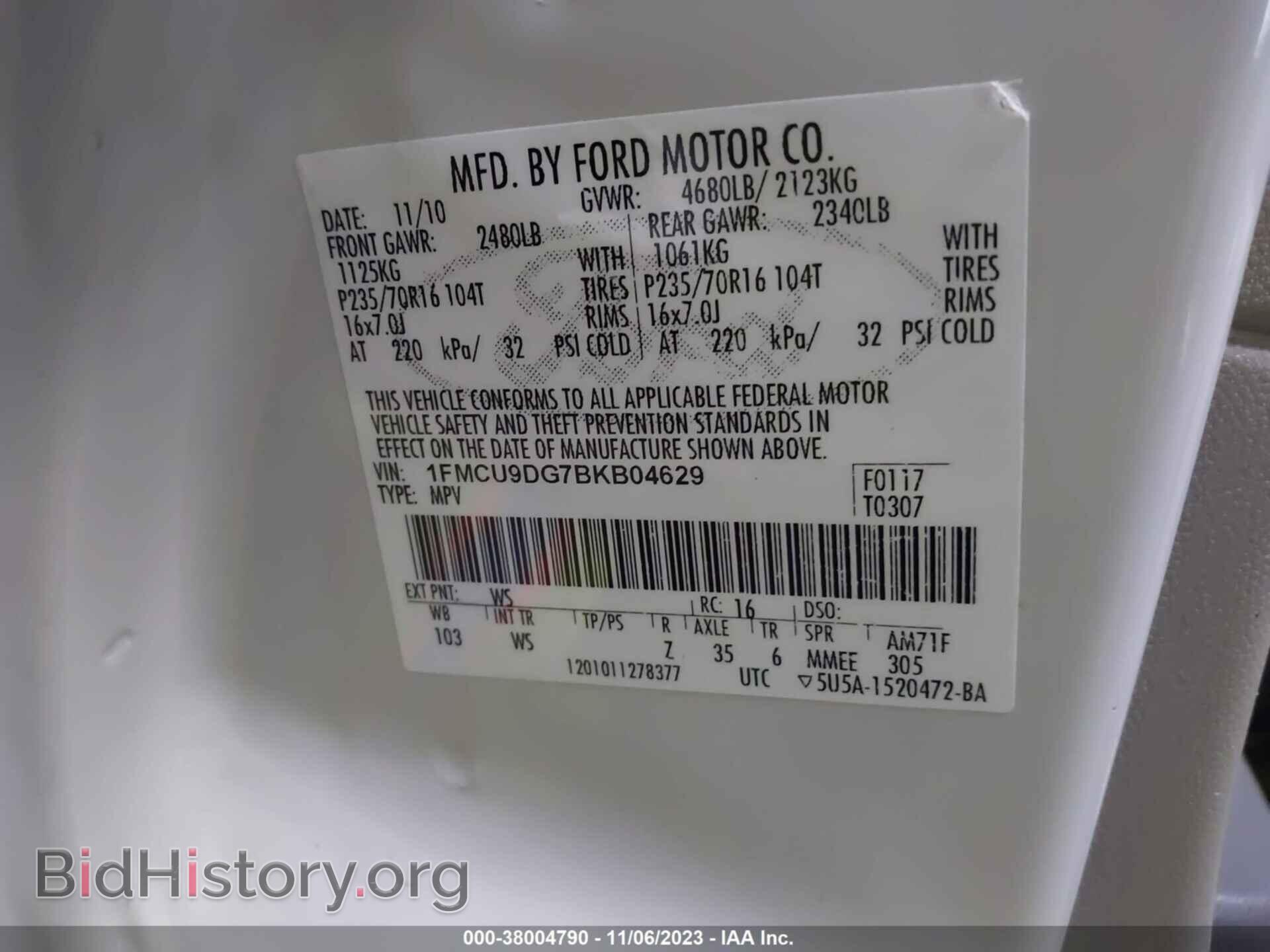 2011 FORD ESCAPE - VIN: 1FMCU9DG7BKB04629 - Фото 9