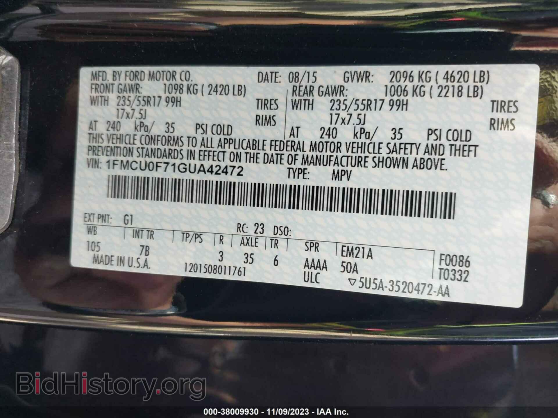 2016 FORD ESCAPE - VIN: 1FMCU0F71GUA42472 - Фото 9