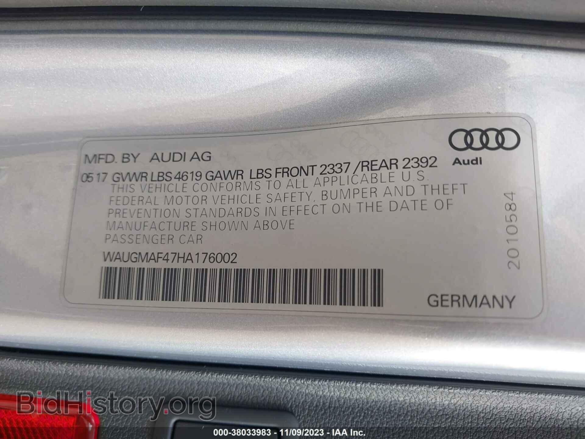 2017 AUDI A4 - VIN: WAUGMAF47HA176002 - Фото 9