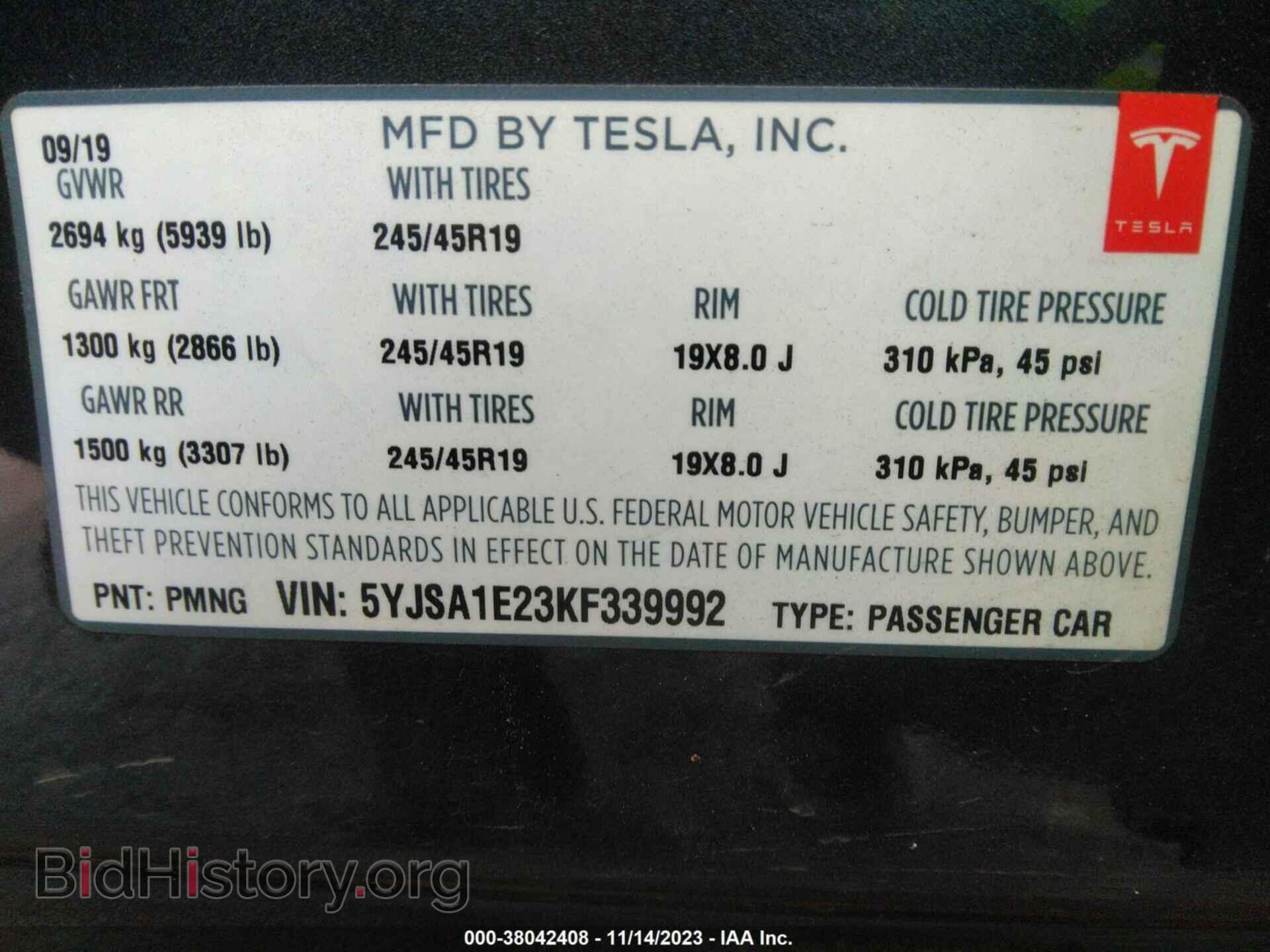 2019 TESLA MODEL S - VIN: 5YJSA1E23KF339992 - Фото 9