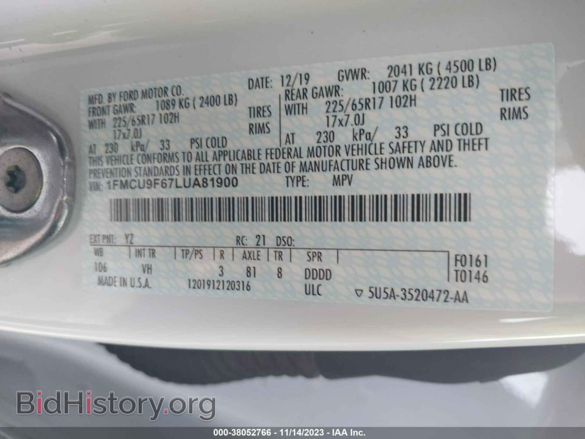2020 FORD ESCAPE - VIN: 1FMCU9F67LUA81900 - Photo 9