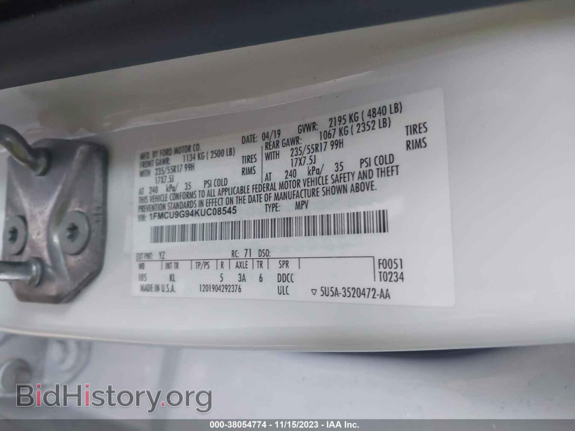 2019 FORD ESCAPE - VIN: 1FMCU9G94KUC08545 - Фото 9