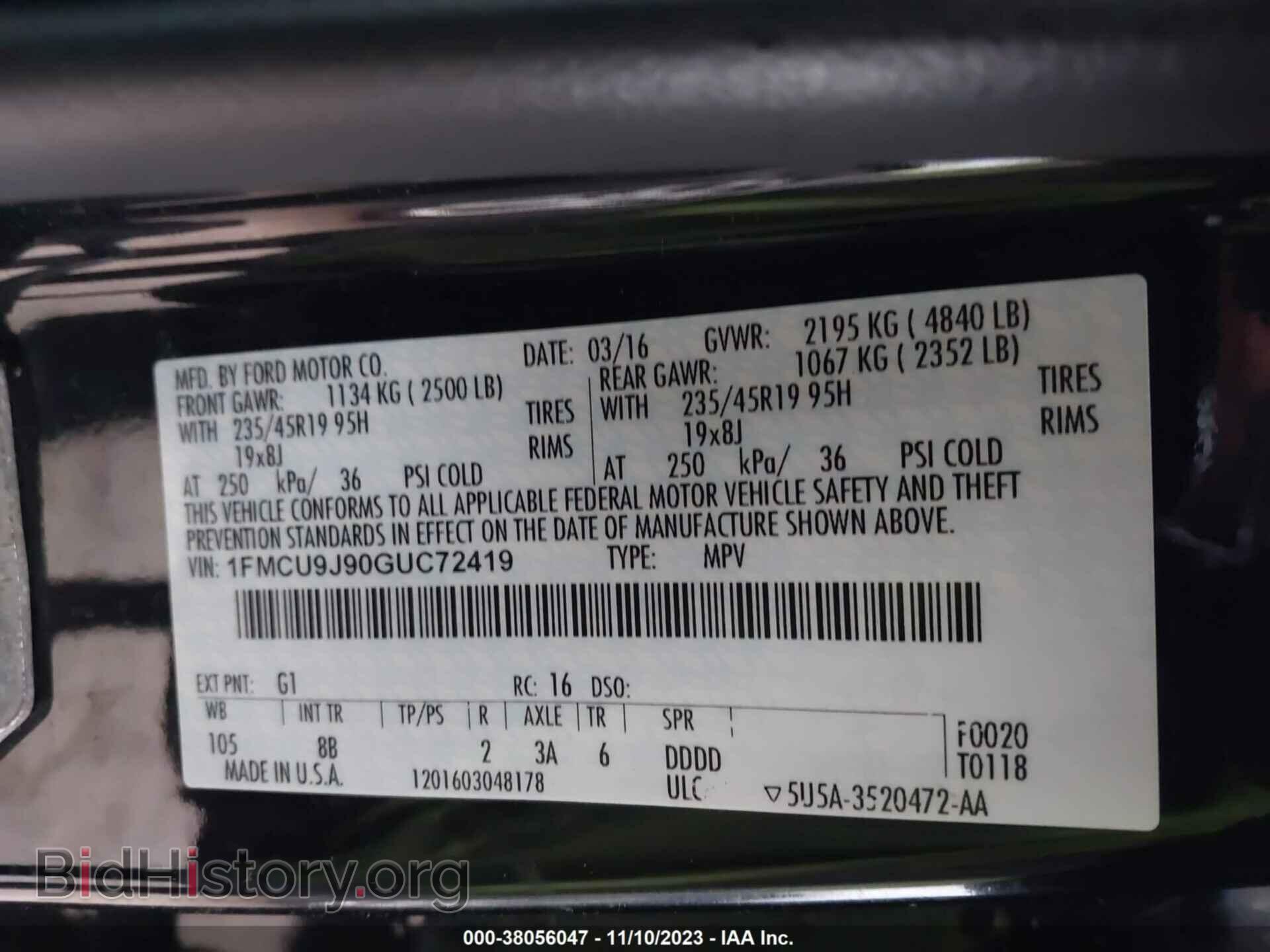 2016 FORD ESCAPE - VIN: 1FMCU9J90GUC72419 - Фото 9
