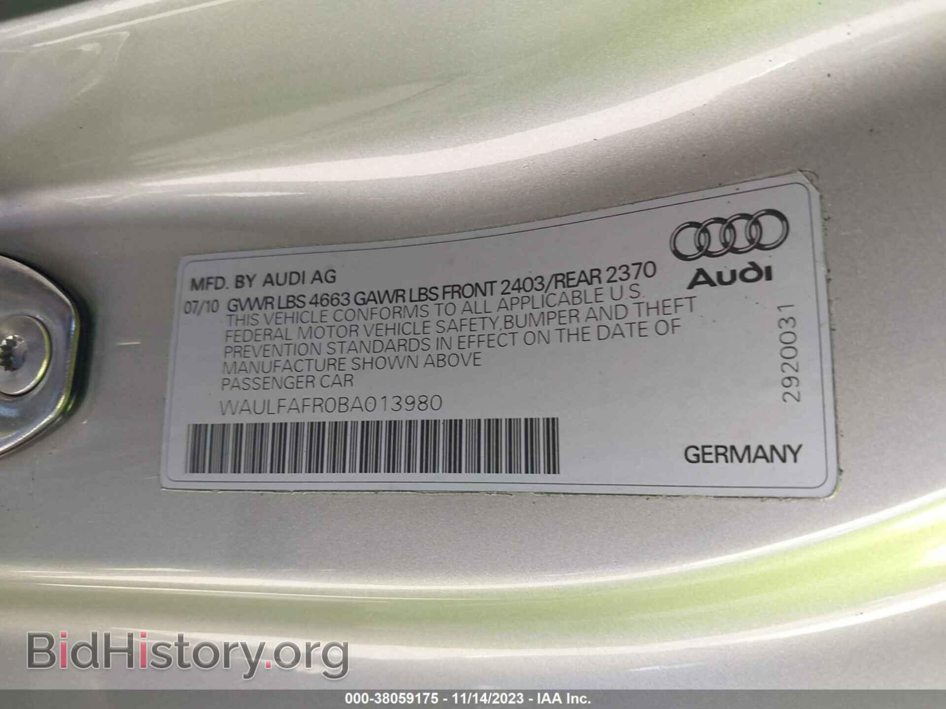 2011 AUDI A5 - VIN: WAULFAFR0BA013980 - Фото 9