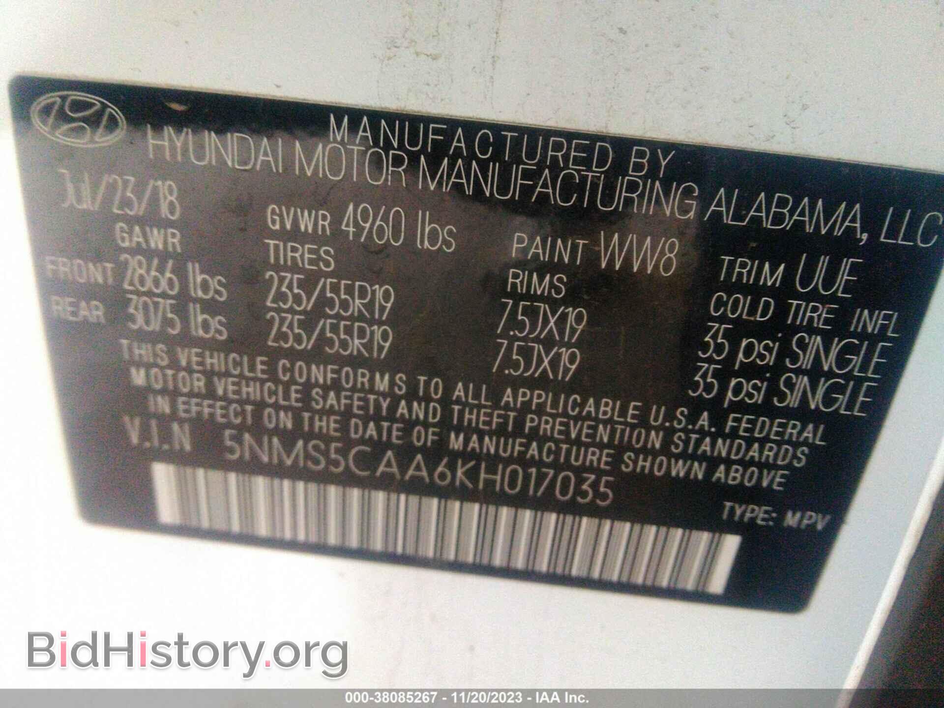 2019 HYUNDAI SANTA FE - VIN: 5NMS5CAA6KH017035 - Фото 9