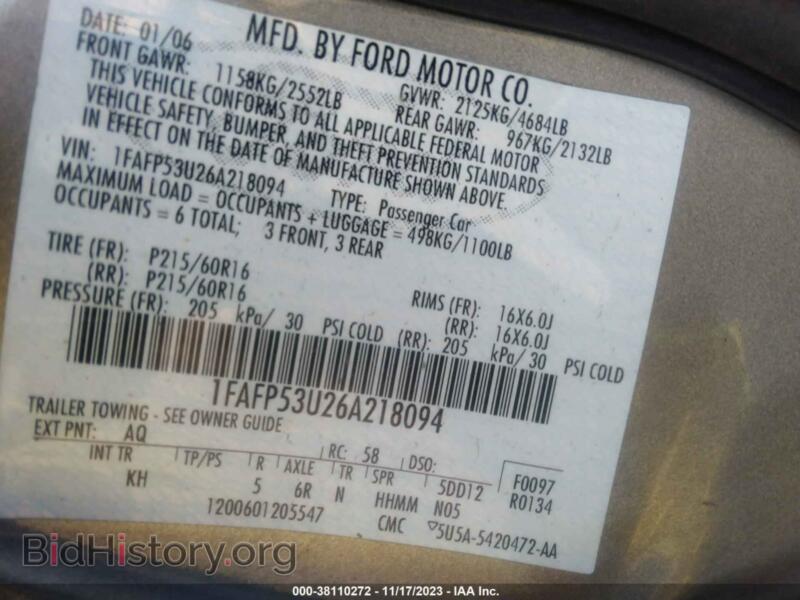 2006 Ford TAURUS (VIN 1FAFP53U26A218094) — photo 9 of 11