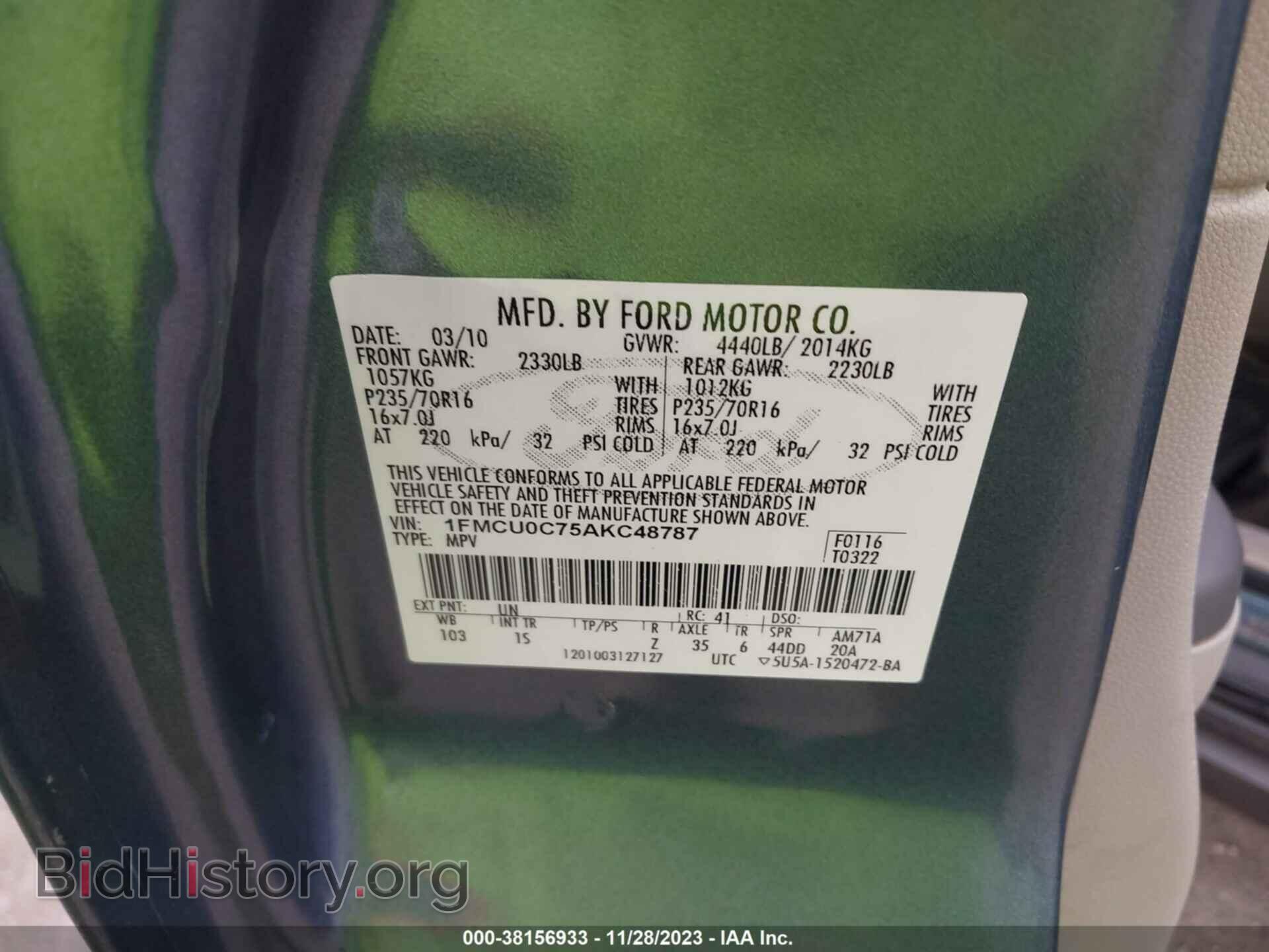 2010 FORD ESCAPE - VIN: 1FMCU0C75AKC48787 - Фото 9