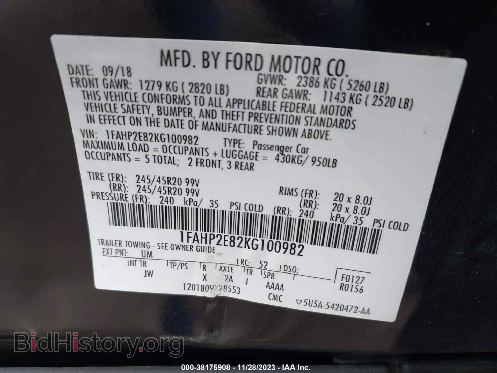 2019 FORD TAURUS - VIN: 1FAHP2E82KG100982 - Photo 9