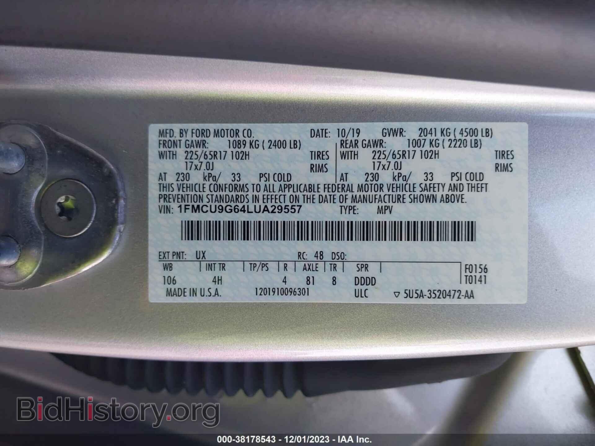 2020 FORD ESCAPE - VIN: 1FMCU9G64LUA29557 - Фото 9