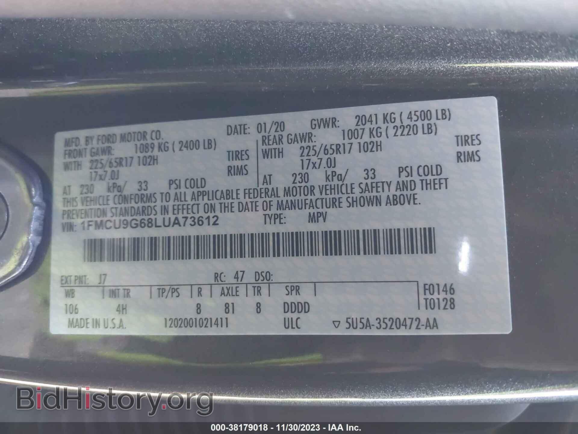 2020 FORD ESCAPE - VIN: 1FMCU9G68LUA73612 - Фото 9
