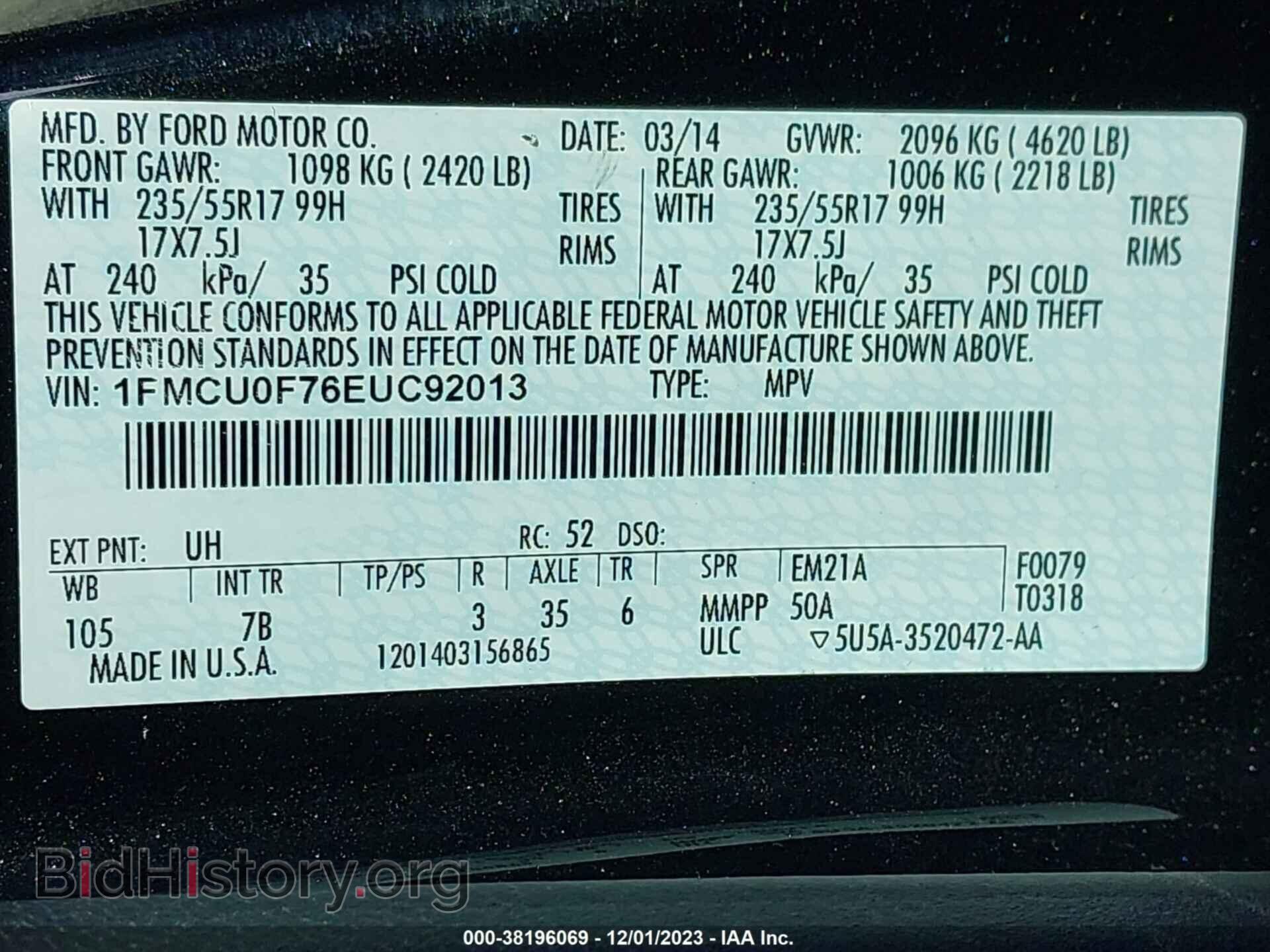 2014 FORD ESCAPE - VIN: 1FMCU0F76EUC92013 - Фото 9