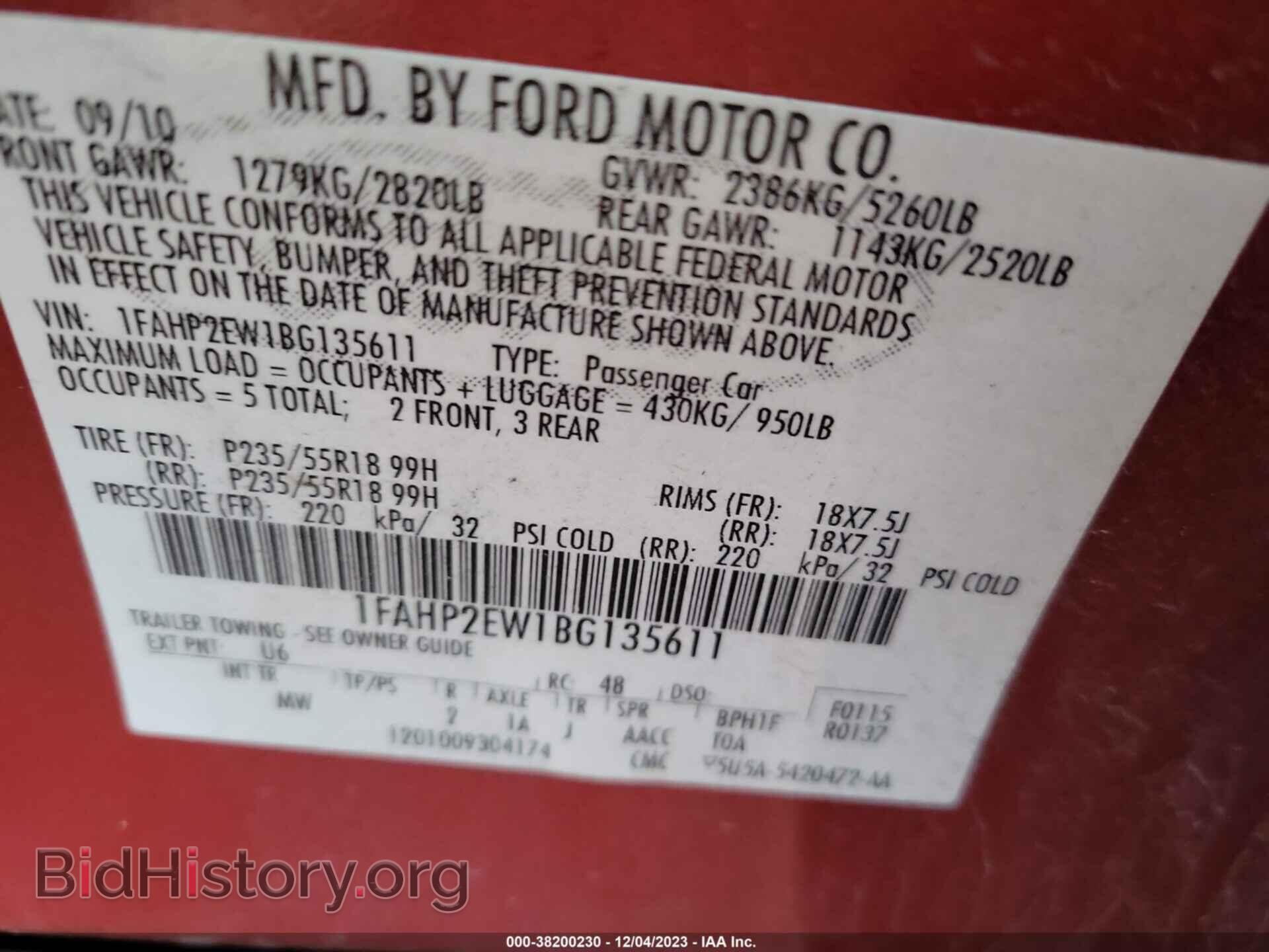 2011 FORD TAURUS - VIN: 1FAHP2EW1BG135611 - Фото 9