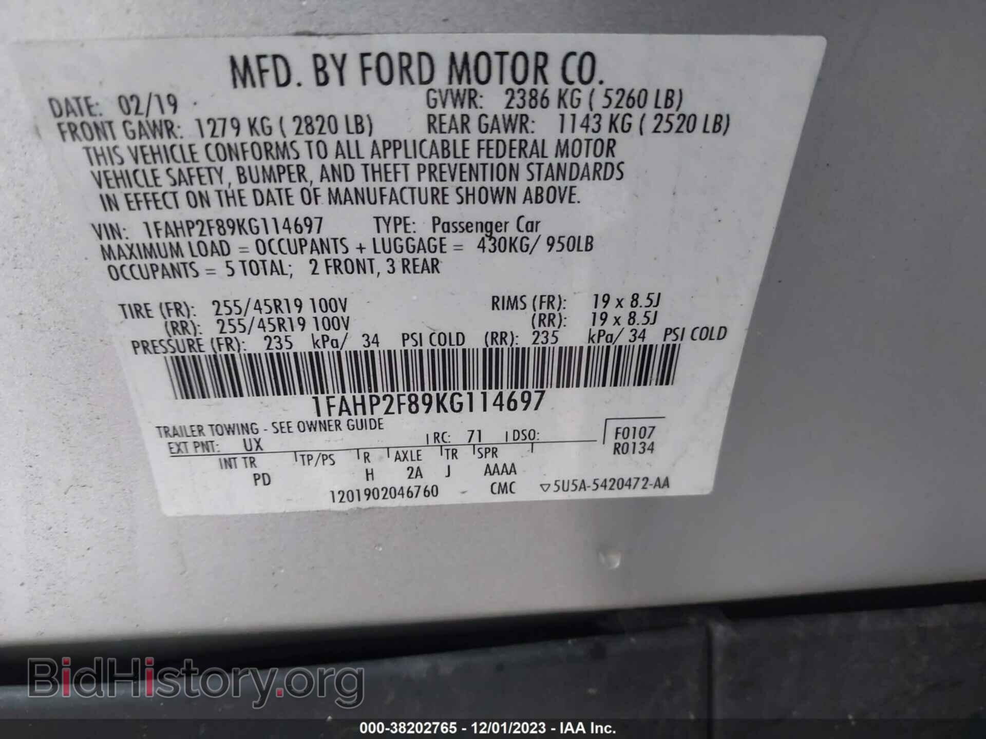2019 FORD TAURUS - VIN: 1FAHP2F89KG114697 - Фото 9