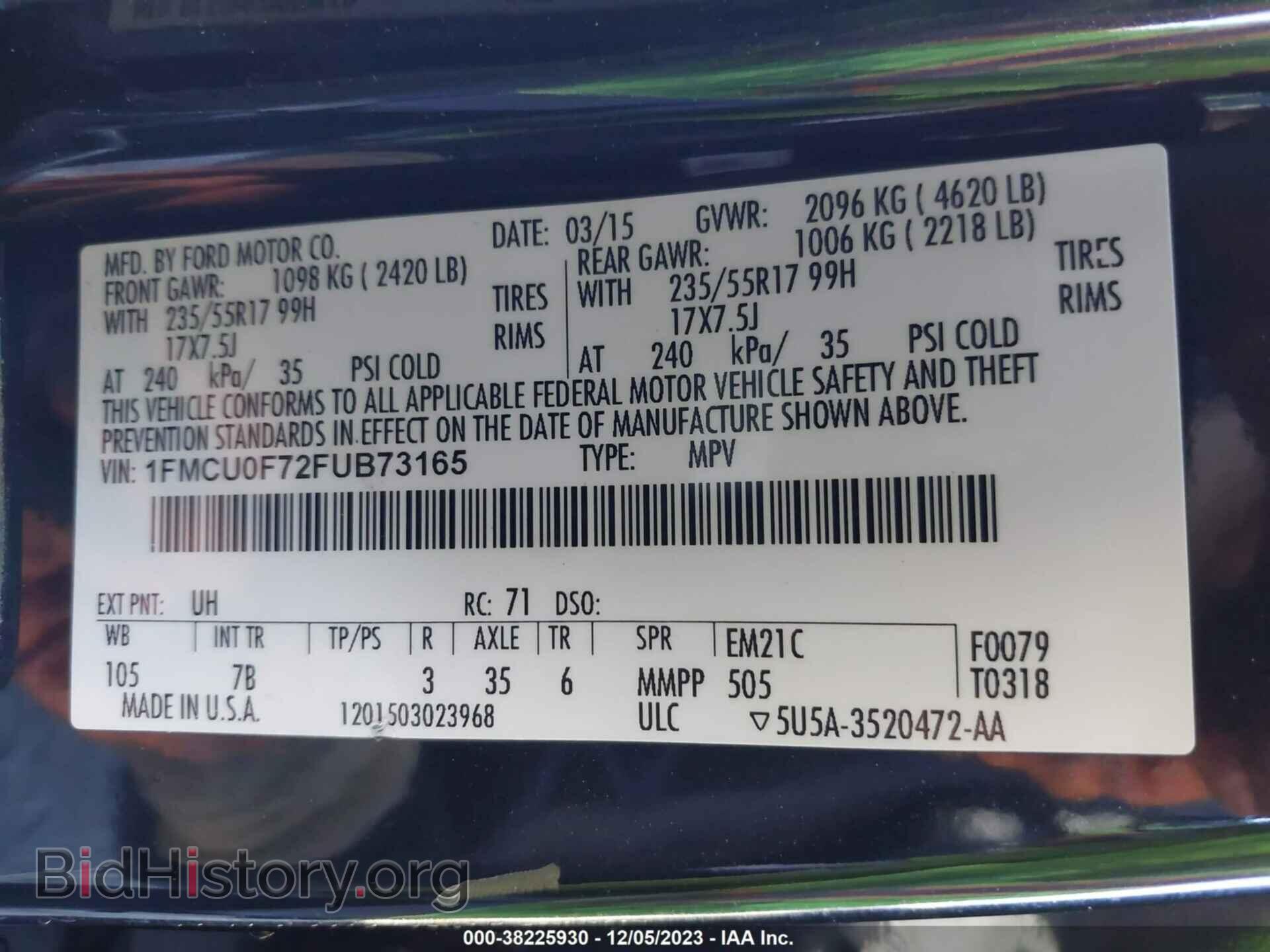 2015 FORD ESCAPE - VIN: 1FMCU0F72FUB73165 - Фото 9