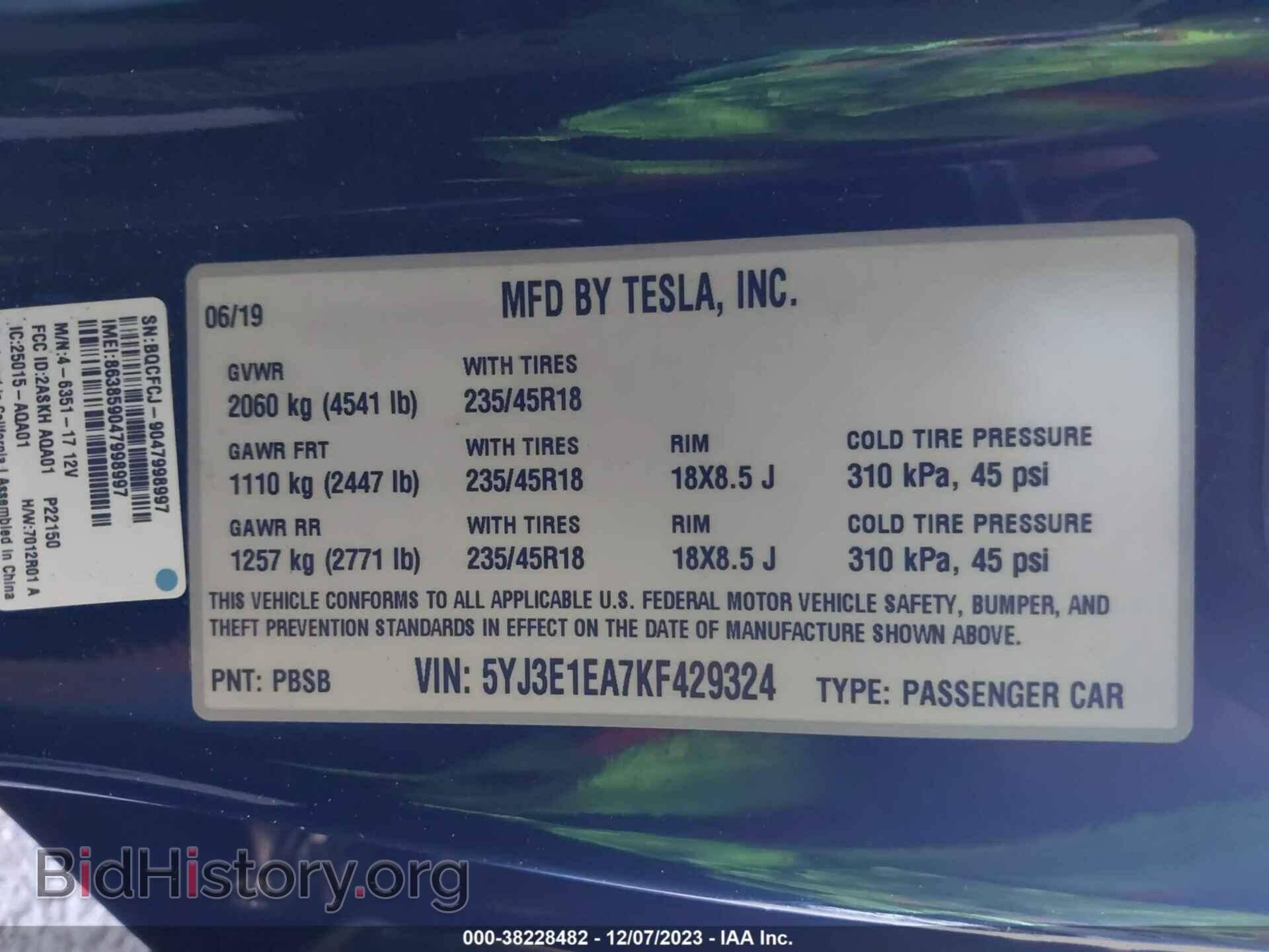 2019 TESLA MODEL 3 - VIN: 5YJ3E1EA7KF429324 - Фото 9