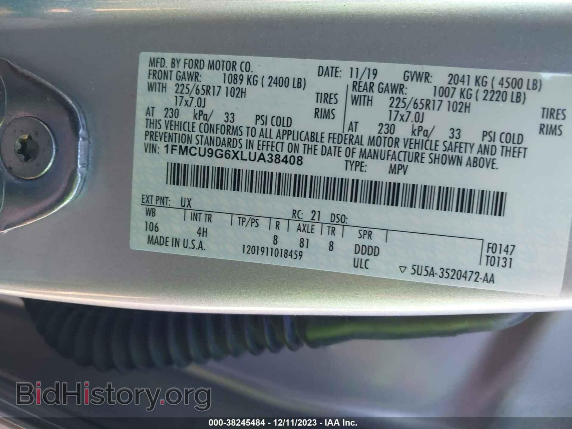 2020 FORD ESCAPE - VIN: 1FMCU9G6XLUA38408 - Фото 9
