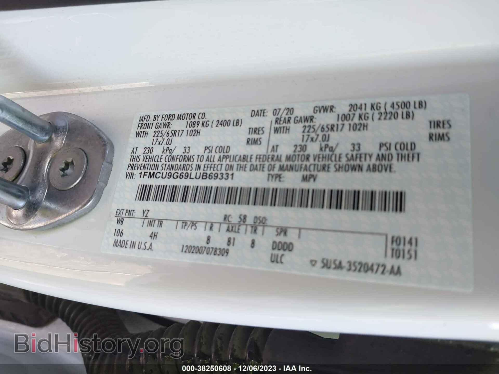 2020 FORD ESCAPE - VIN: 1FMCU9G69LUB69331 - Фото 9