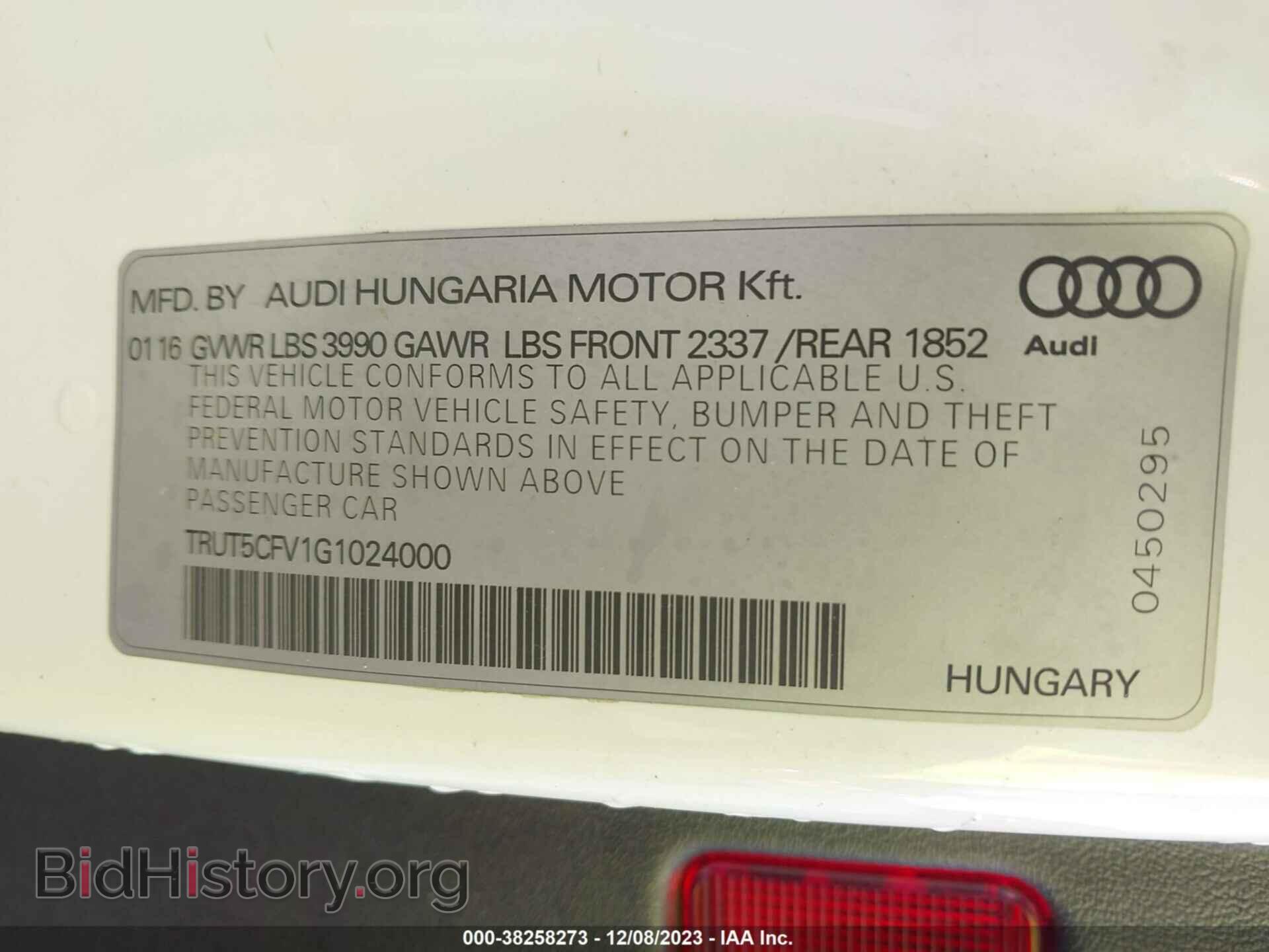 2016 AUDI TT - VIN: TRUT5CFV1G1024000 - Фото 9